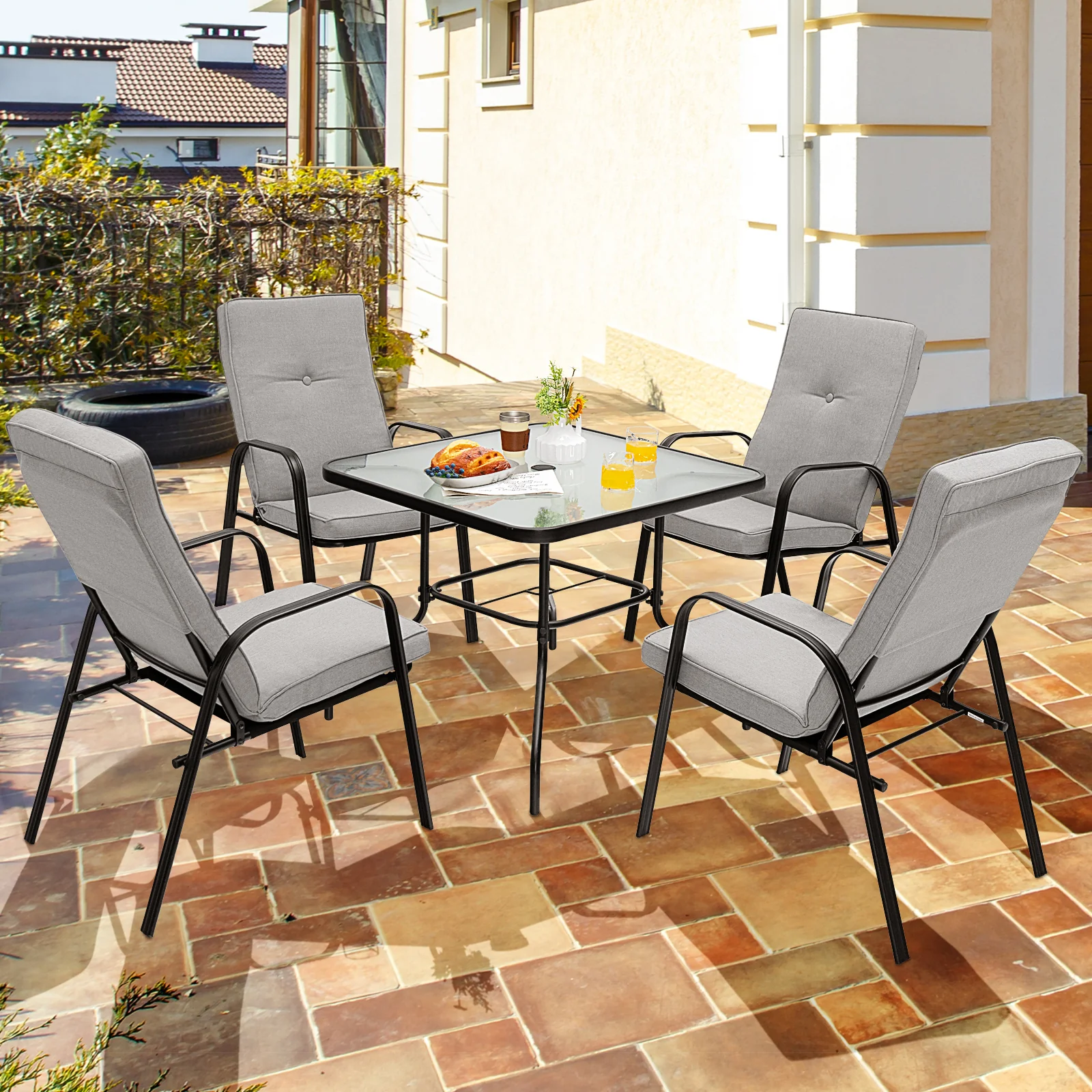 5 Piece Outdoor Dining Set, 4 Stackable Chairs, High-Back Cushions, Gray - Image 3