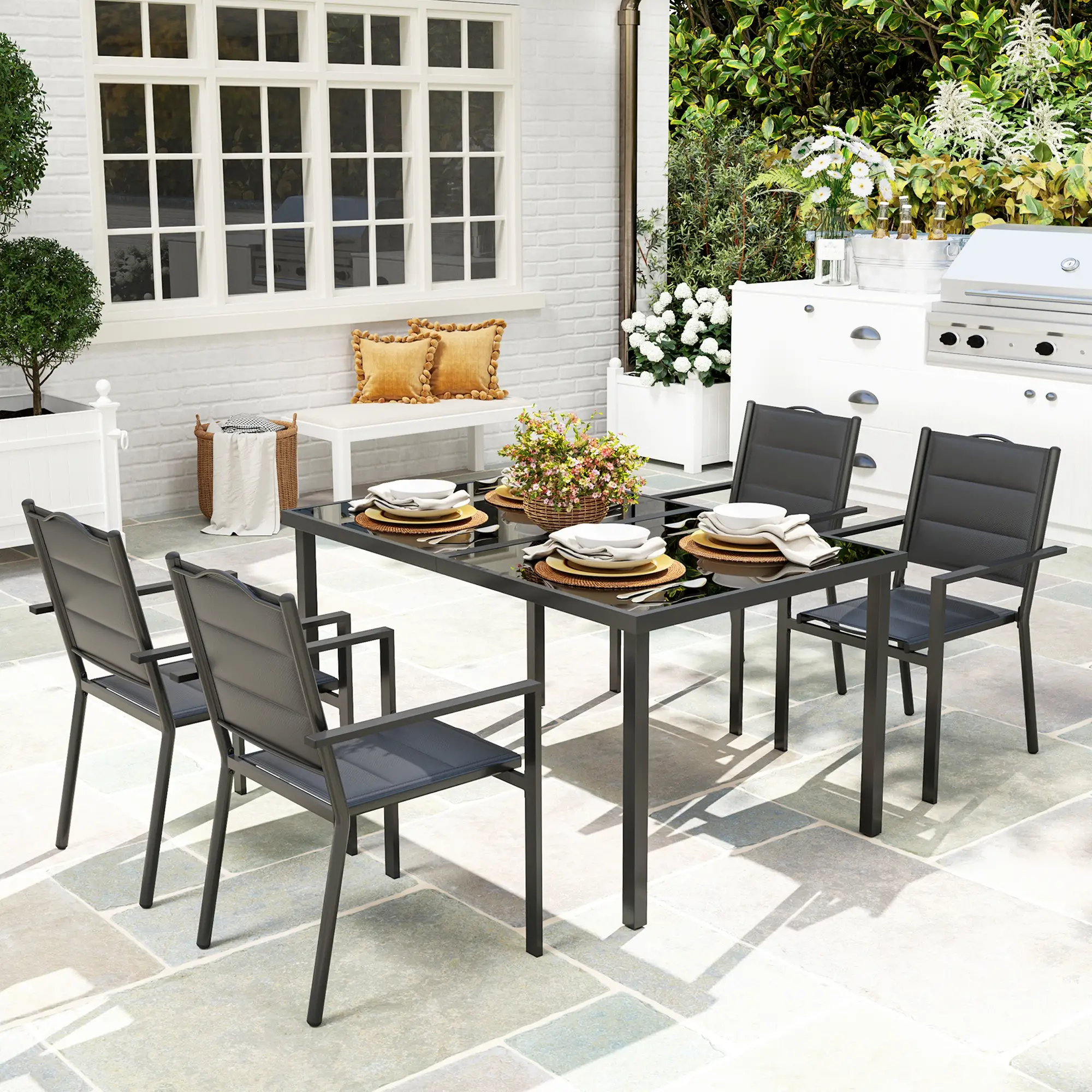 5 Piece Outdoor Dining Set, 4 Stackable Chairs, Rectangle Table, Tempered Glass Top, Steel Frame, Black - Image 2