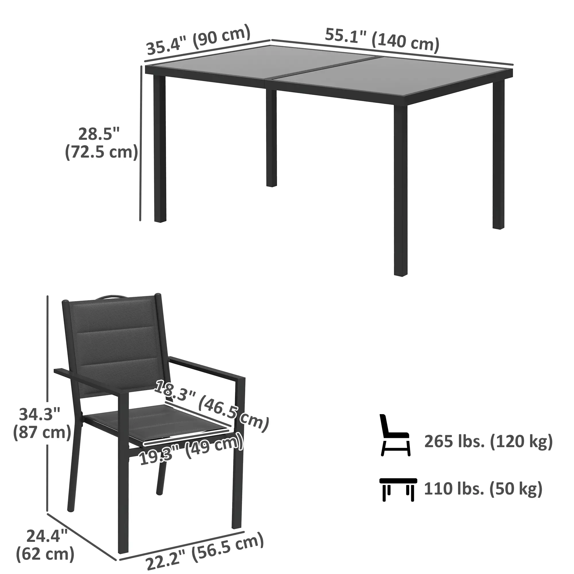 5 Piece Outdoor Dining Set, 4 Stackable Chairs, Rectangle Table, Tempered Glass Top, Steel Frame, Black - Image 3