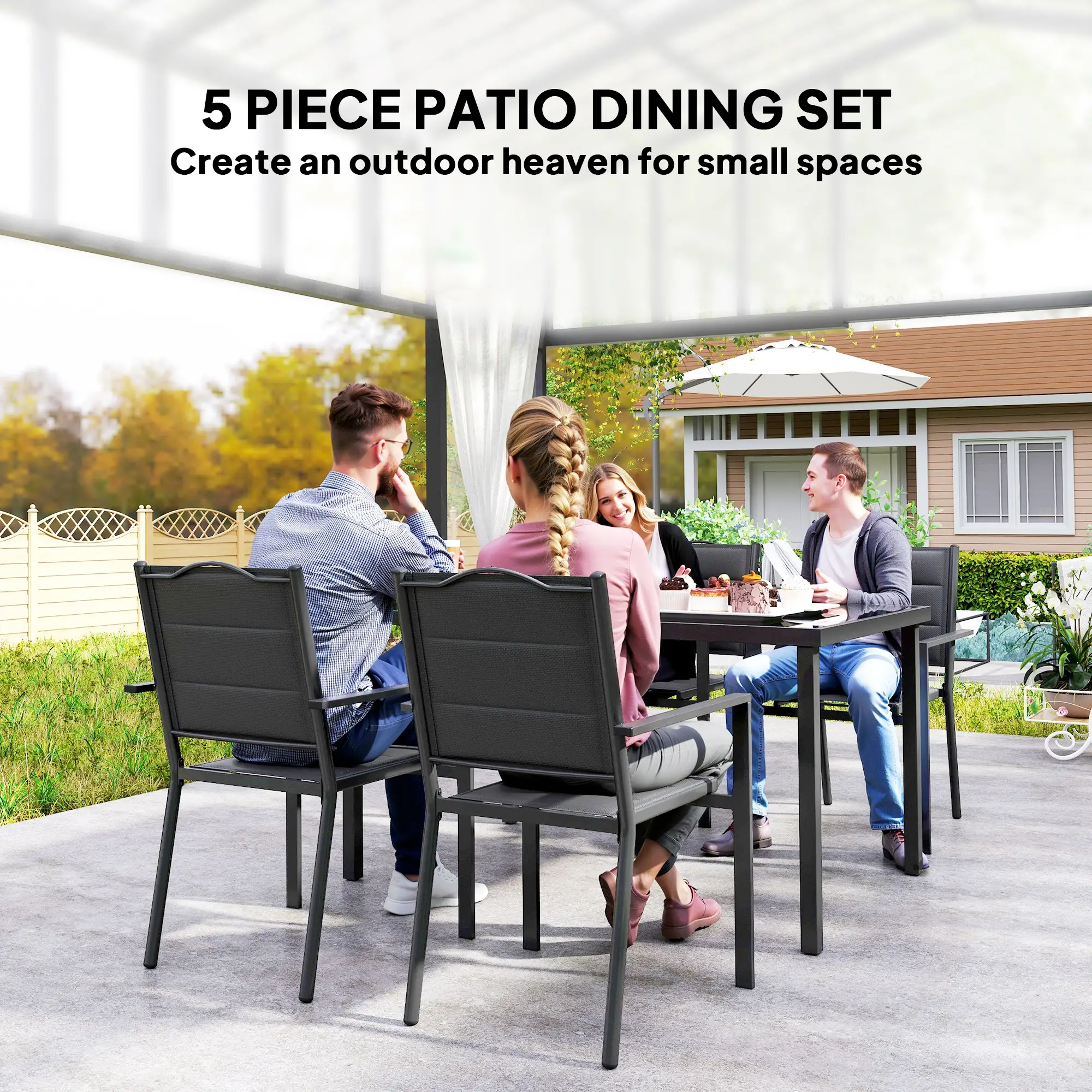 5 Piece Outdoor Dining Set, 4 Stackable Chairs, Rectangle Table, Tempered Glass Top, Steel Frame, Black - Image 4