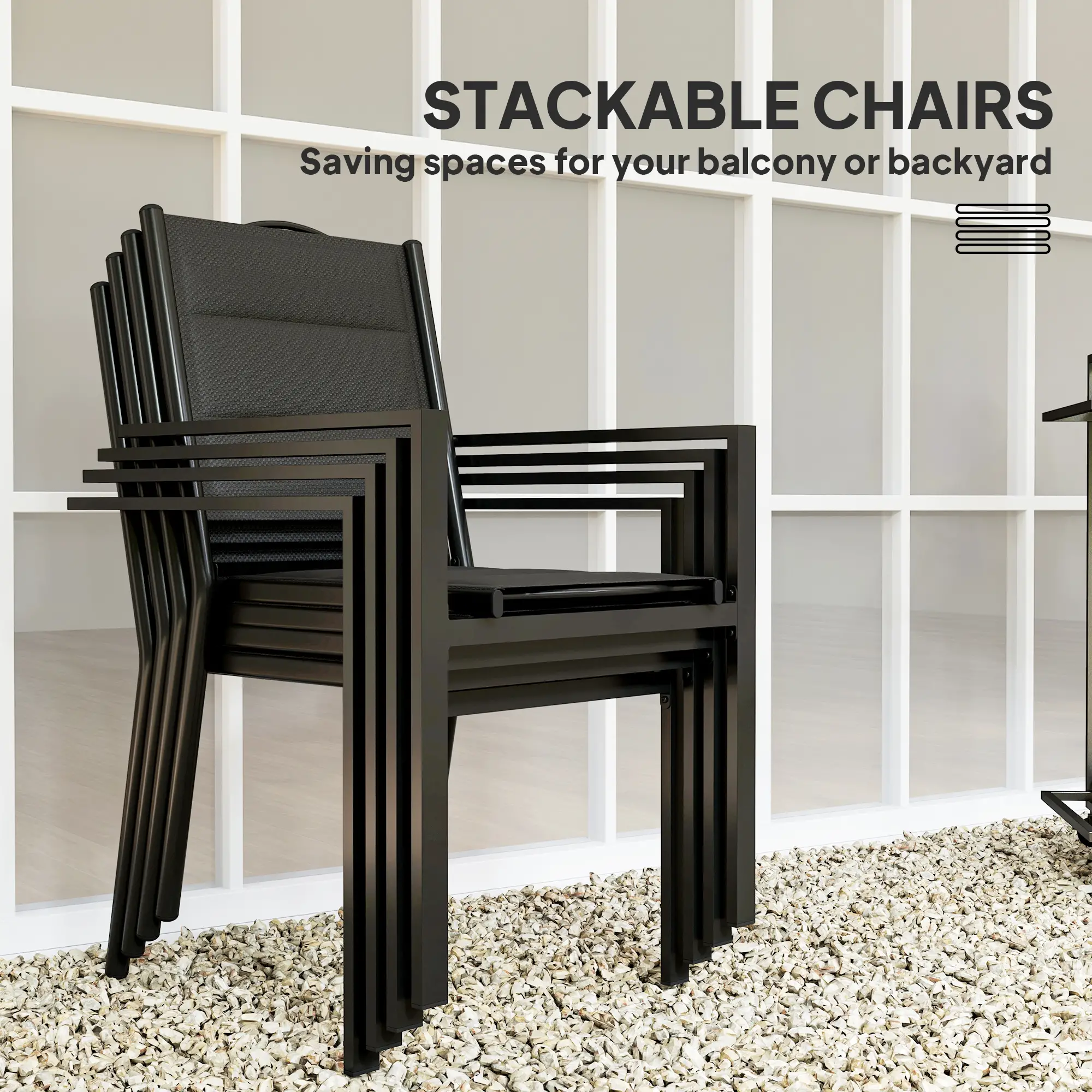 5 Piece Outdoor Dining Set, 4 Stackable Chairs, Rectangle Table, Tempered Glass Top, Steel Frame, Black - Image 5
