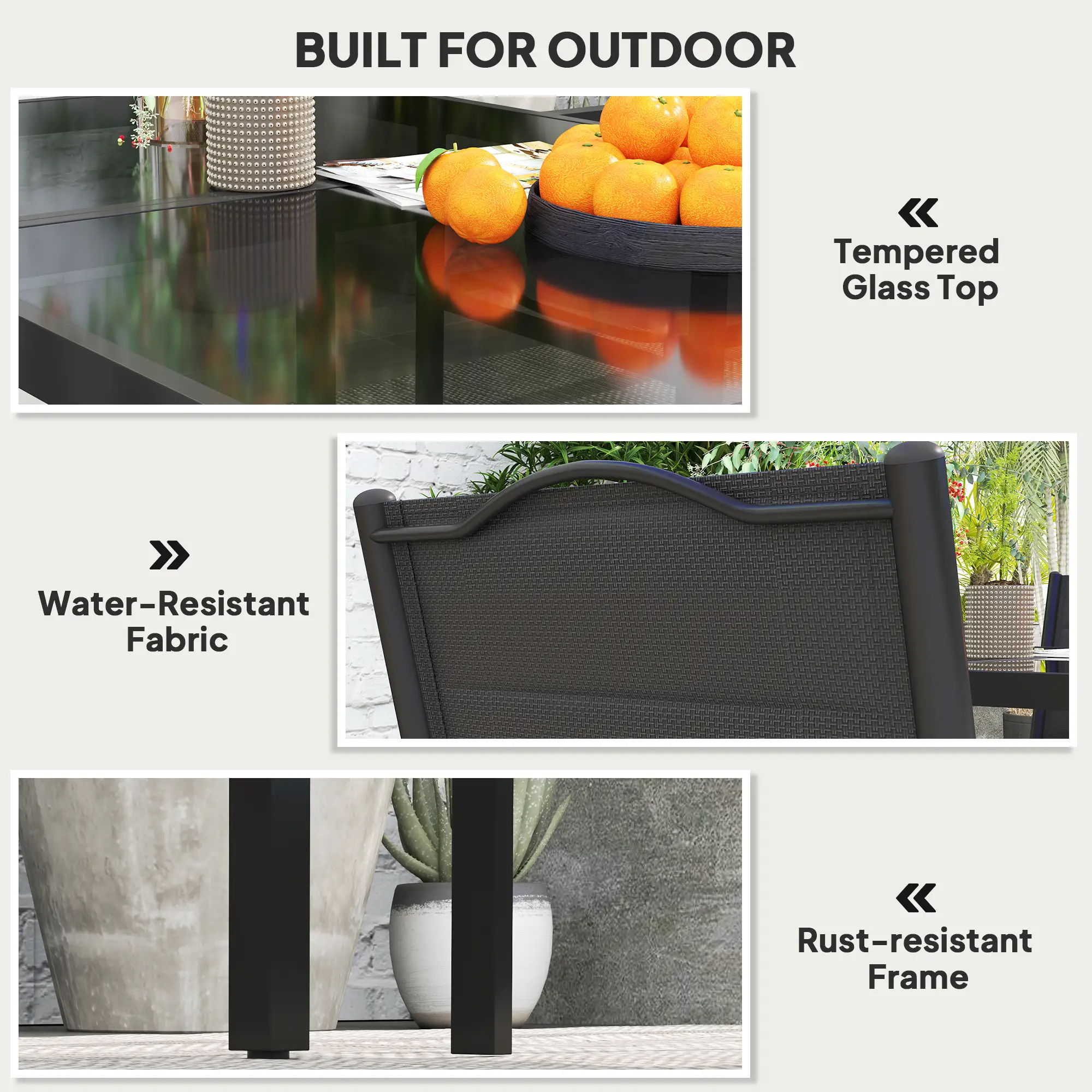 5 Piece Outdoor Dining Set, 4 Stackable Chairs, Rectangle Table, Tempered Glass Top, Steel Frame, Black - Image 6
