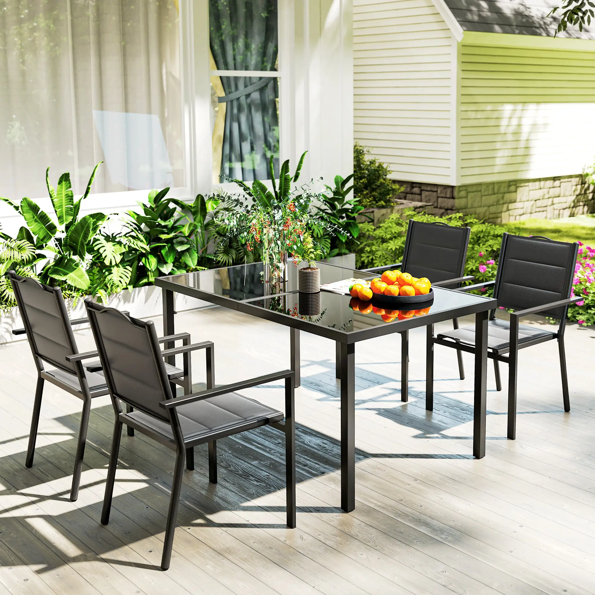 5 Piece Outdoor Dining Set, 4 Stackable Chairs, Rectangle Table, Tempered Glass Top, Steel Frame, Black - Image 8