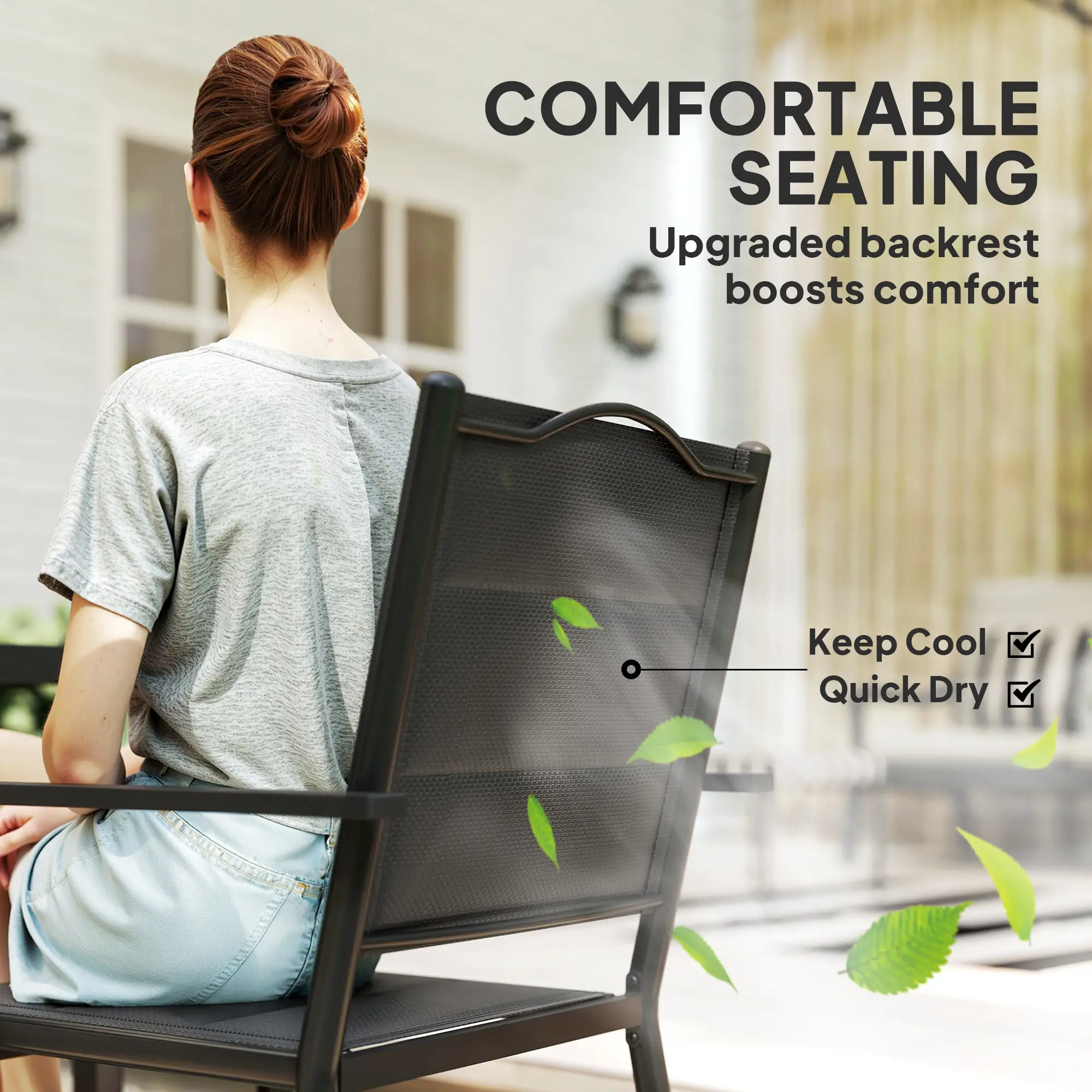 5 Piece Outdoor Dining Set, 4 Stackable Chairs, Rectangle Table, Tempered Glass Top, Steel Frame, Black - Image 9