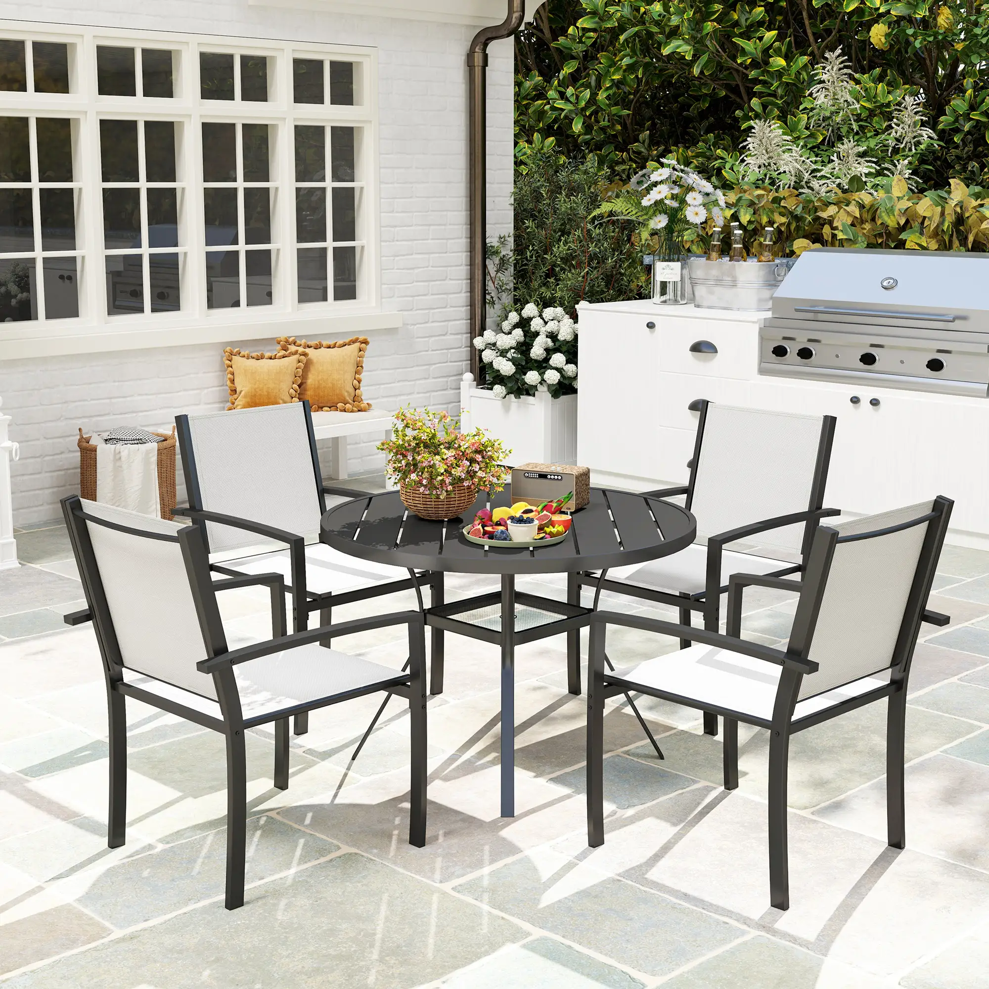 5 Piece Outdoor Dining Set, Round Table, 4 Stackable Chairs - Image 2