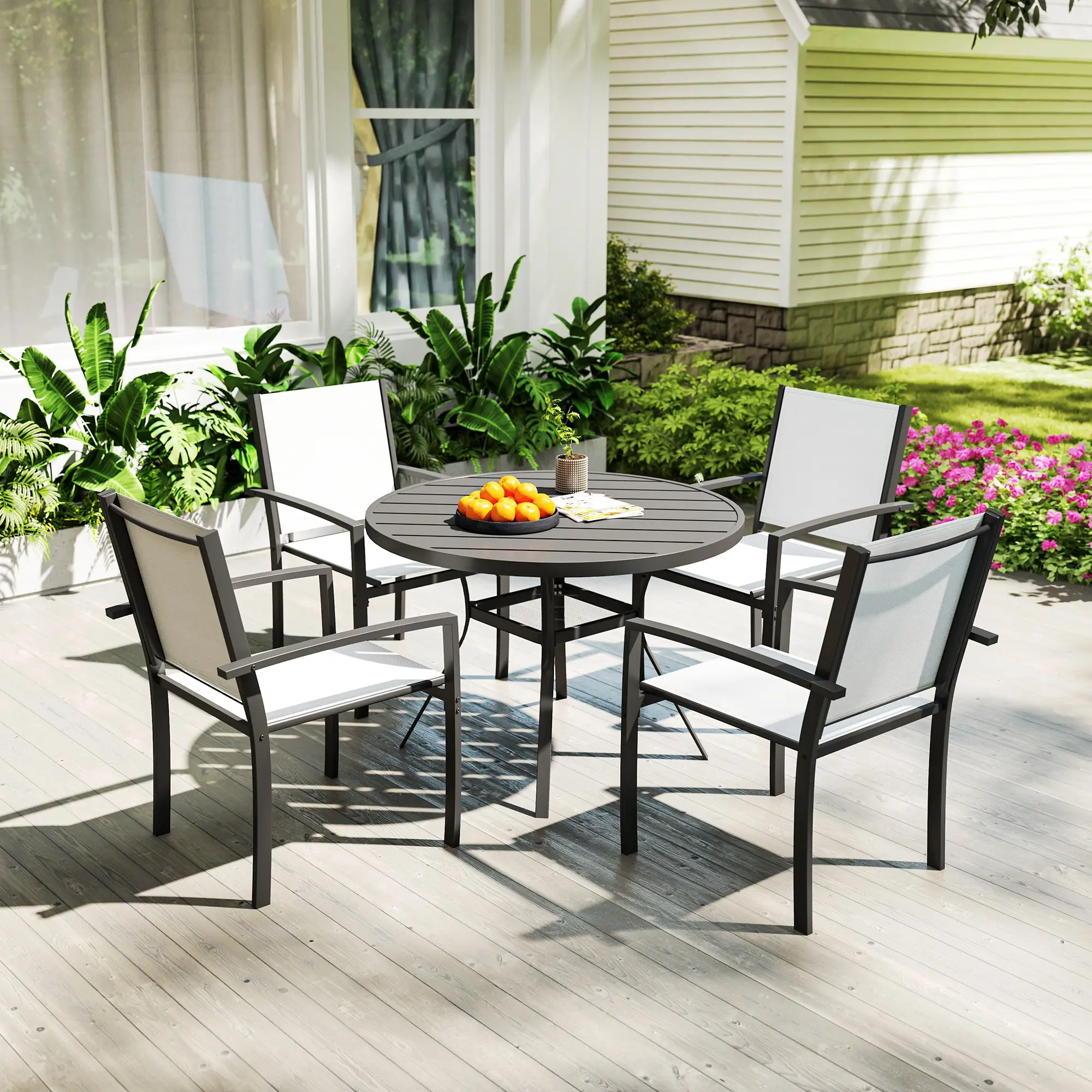 5 Piece Outdoor Dining Set, Round Table, 4 Stackable Chairs - Image 8