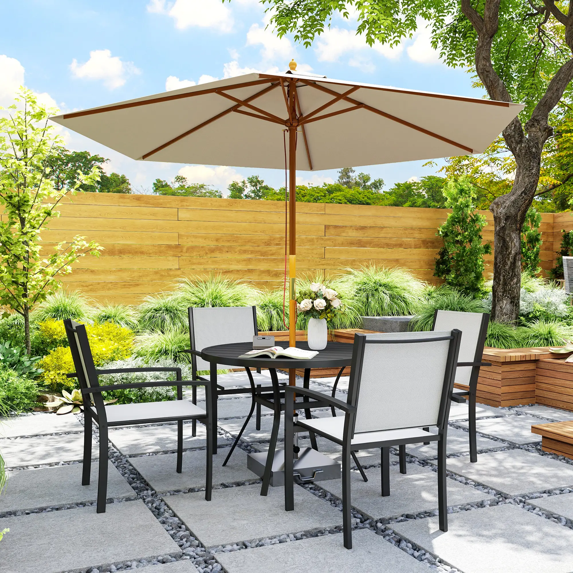 5 Piece Outdoor Dining Set, Round Table, 4 Stackable Chairs - Image 9