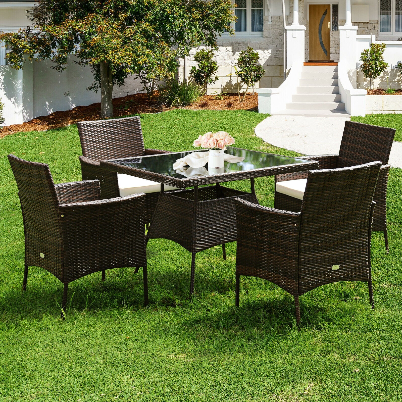 5 Piece Outdoor Dining Table Set, 1 Table 4 Sofas, Brown - Image 7