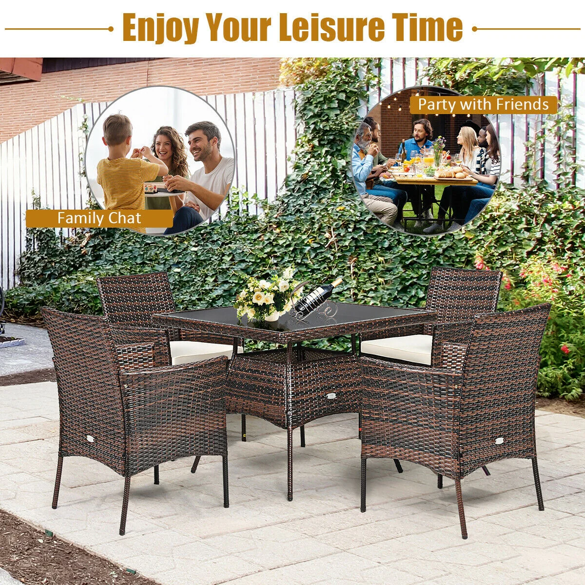 5 Piece Outdoor Dining Table Set, 1 Table 4 Sofas, Brown - Image 8