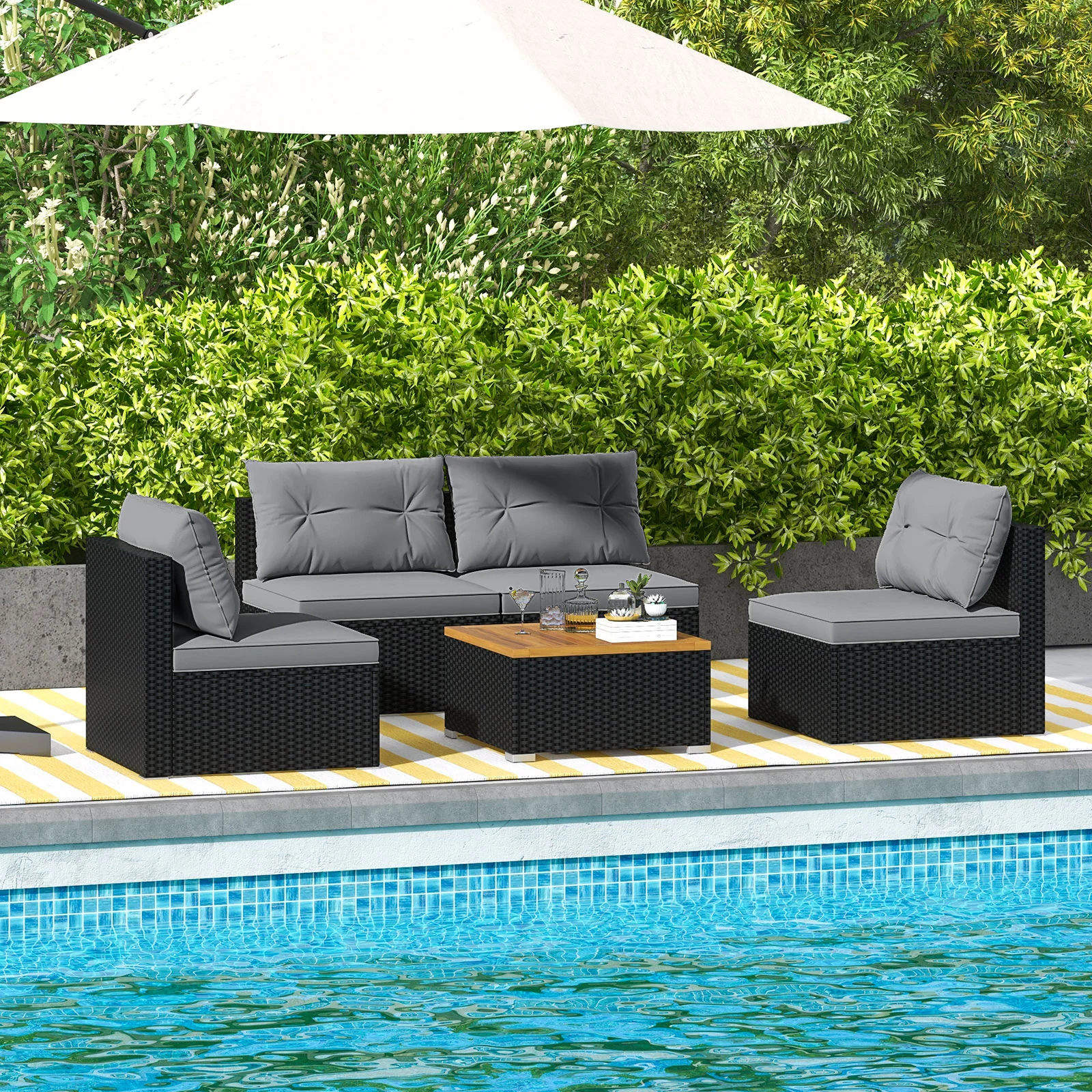 5 Piece Outdoor Furniture Set, Solid Tabletop, Soft Cushions, Gray - Image 2