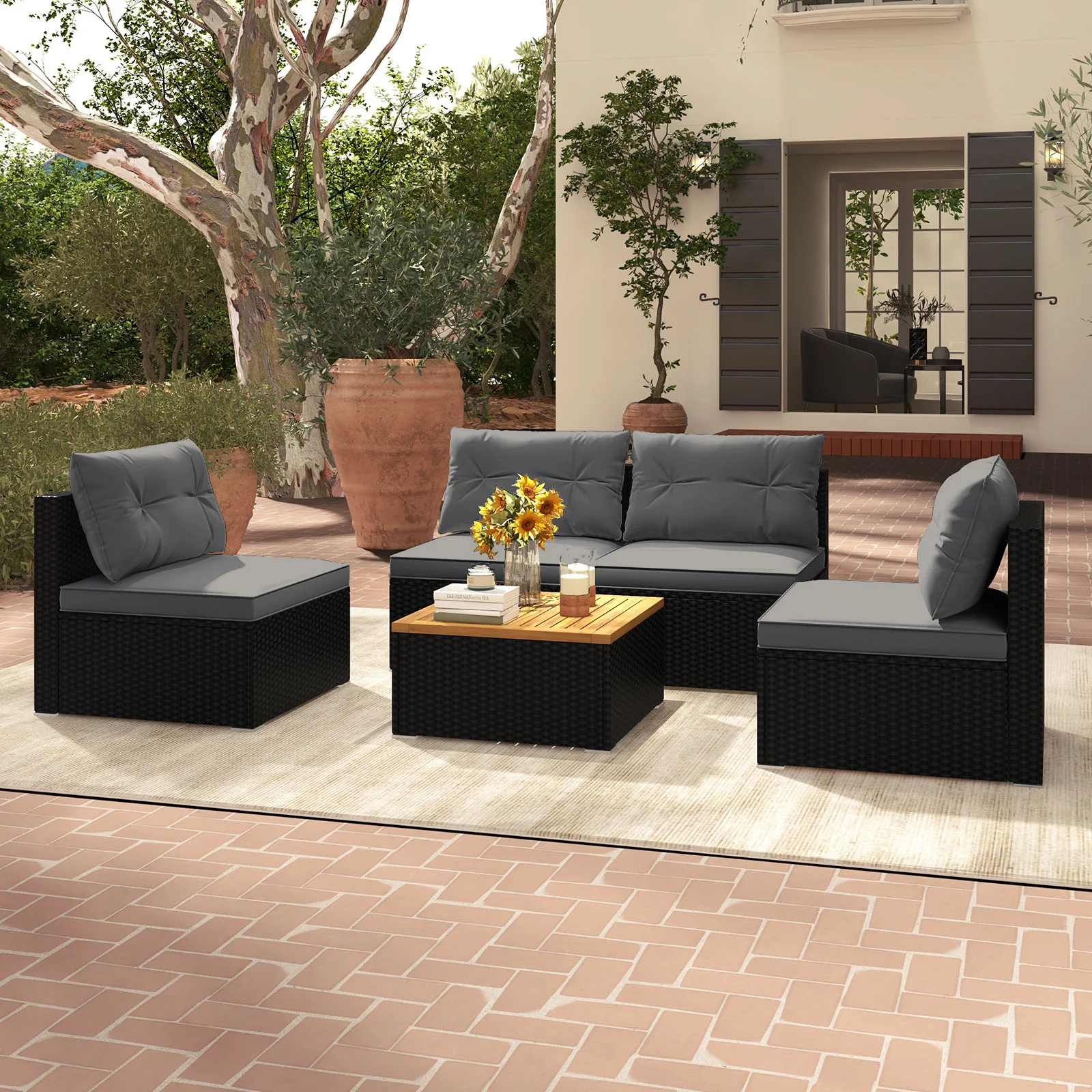 5 Piece Outdoor Furniture Set, Solid Tabletop, Soft Cushions, Gray - Image 3