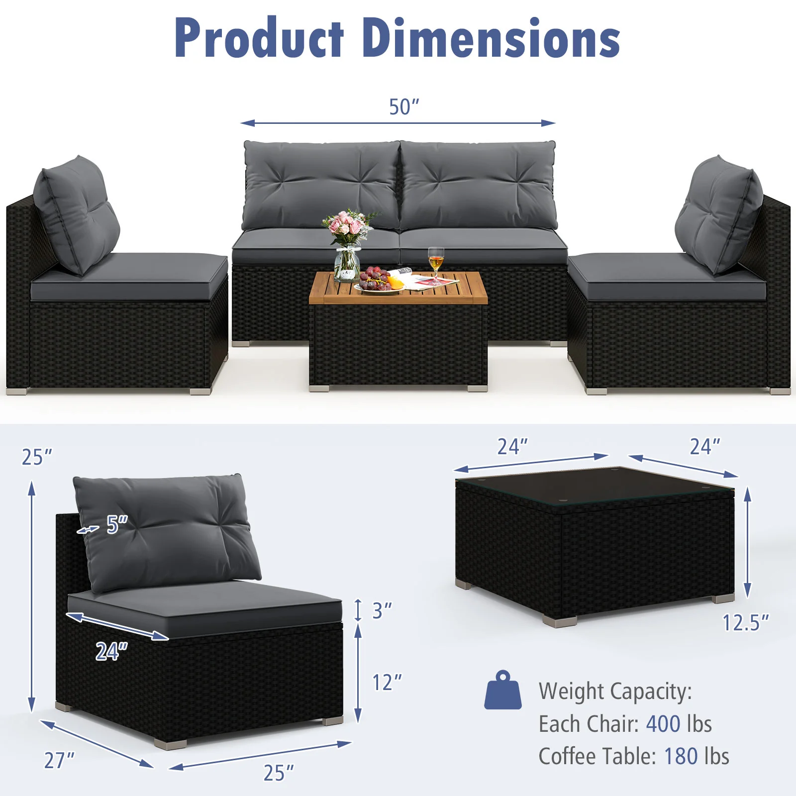 5 Piece Outdoor Furniture Set, Solid Tabletop, Soft Cushions, Gray - Image 5