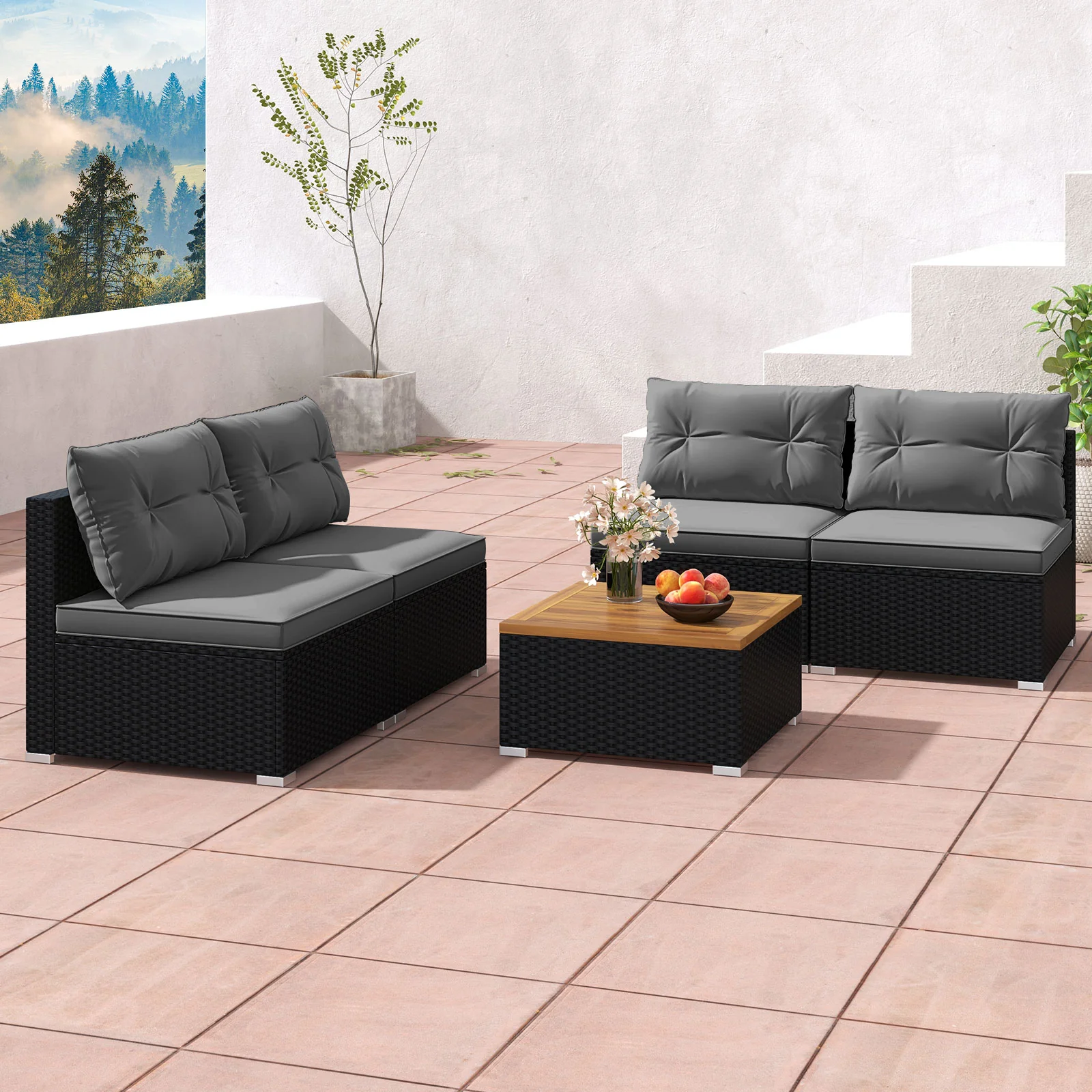 5 Piece Outdoor Furniture Set, Solid Tabletop, Soft Cushions, Gray - Image 6