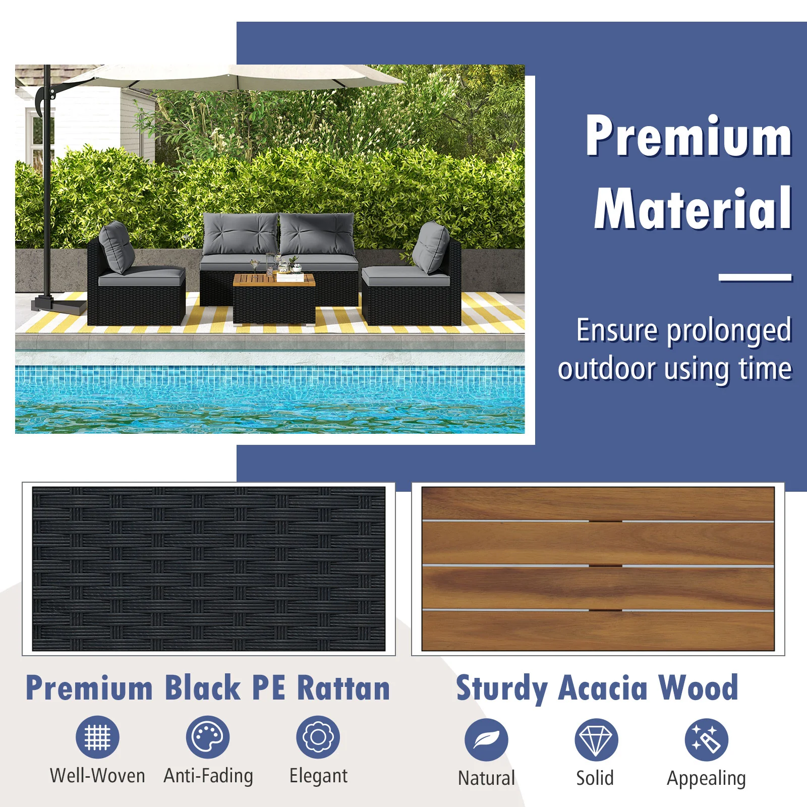 5 Piece Outdoor Furniture Set, Solid Tabletop, Soft Cushions, Gray - Image 7