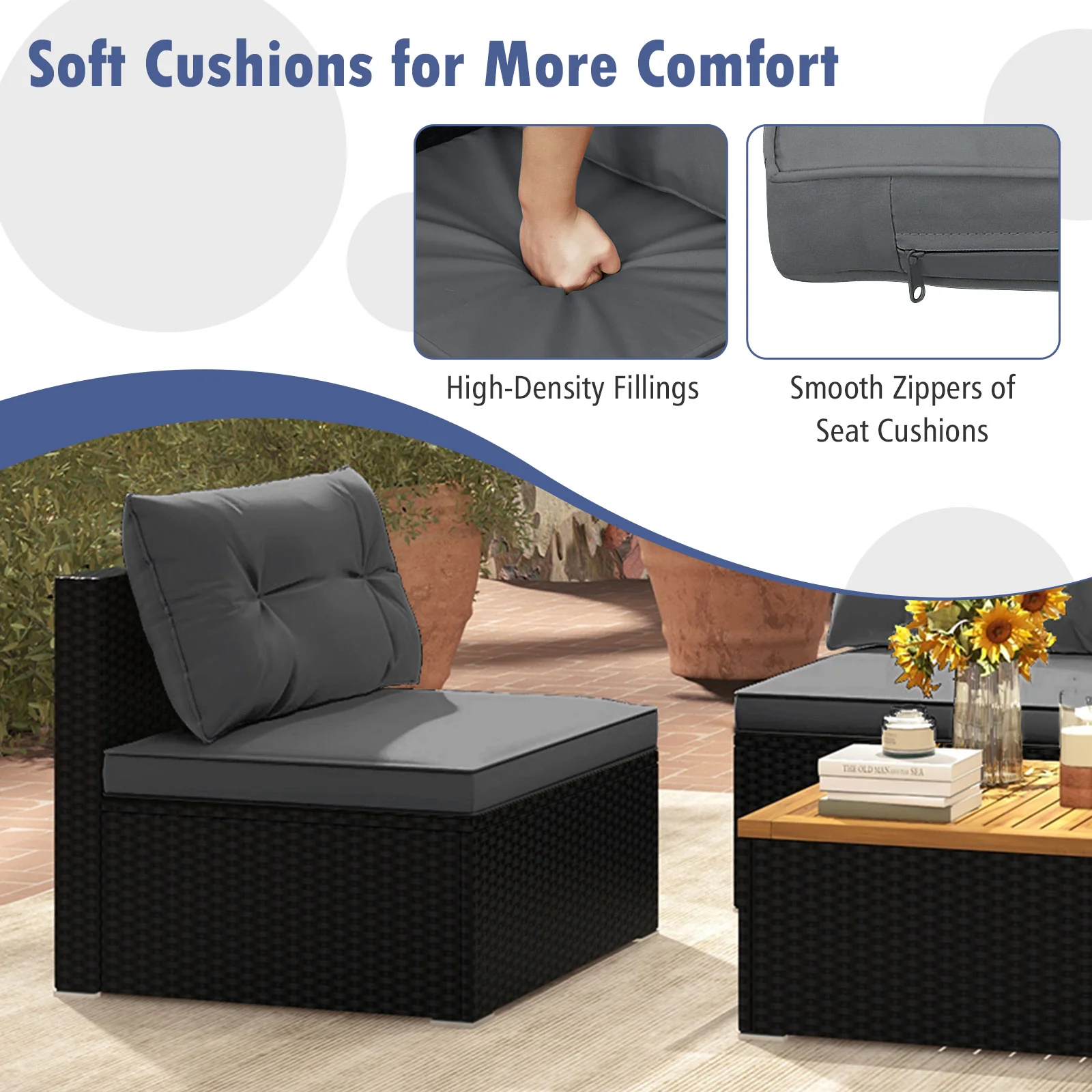 5 Piece Outdoor Furniture Set, Solid Tabletop, Soft Cushions, Gray - Image 8