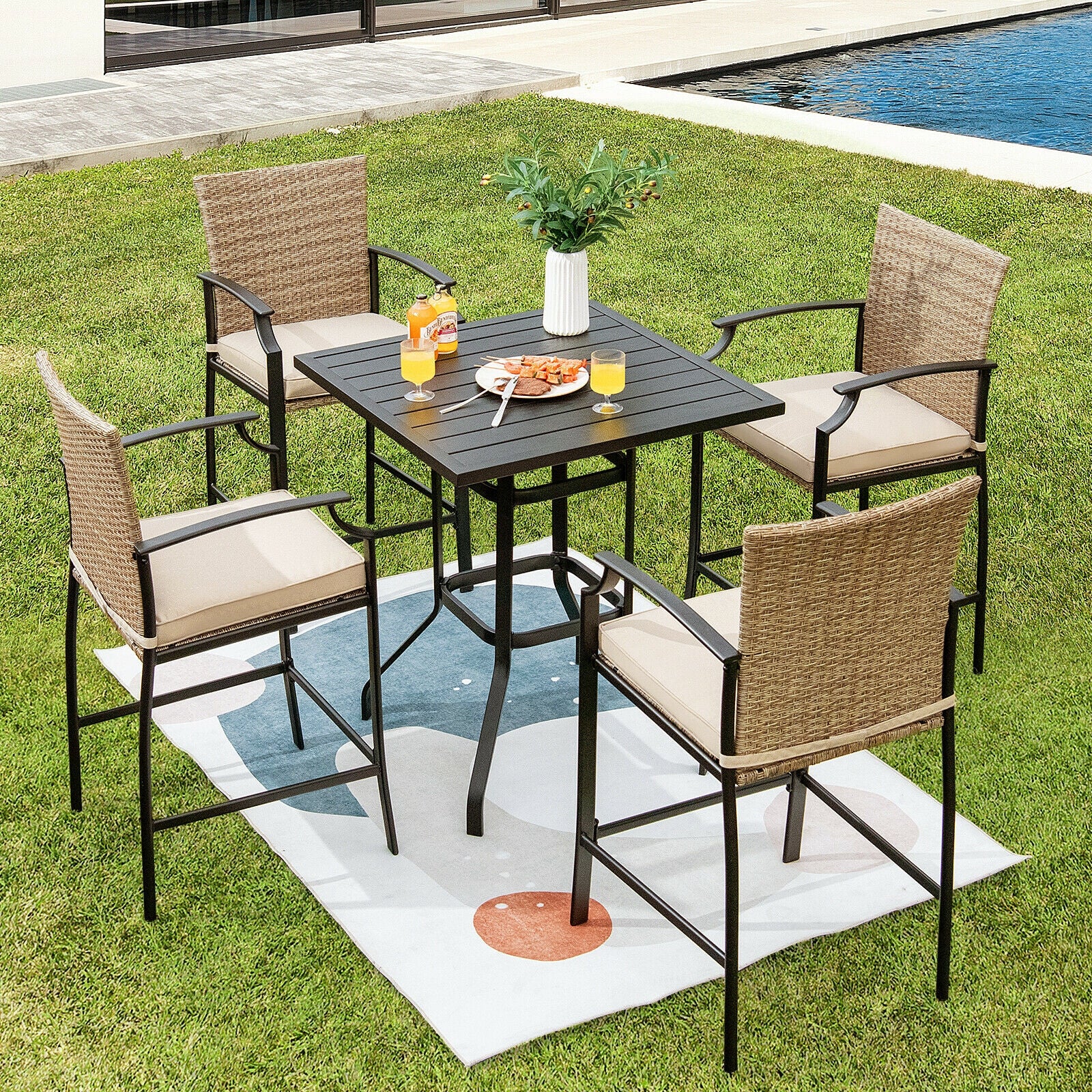 5 Piece Outdoor Rattan Bistro Set, Black - Image 2