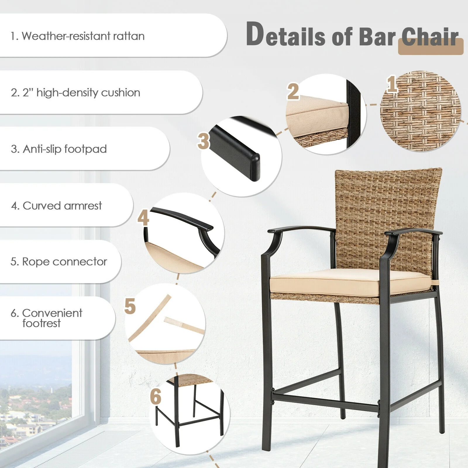 5 Piece Outdoor Rattan Bistro Set, Black - Image 6