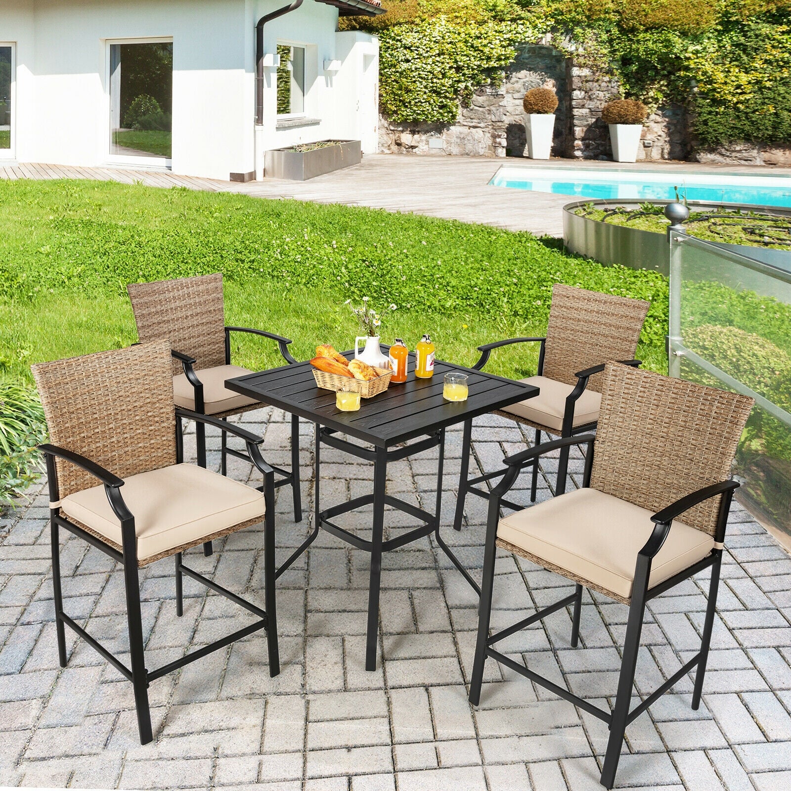 5 Piece Outdoor Rattan Bistro Set, Black - Image 8