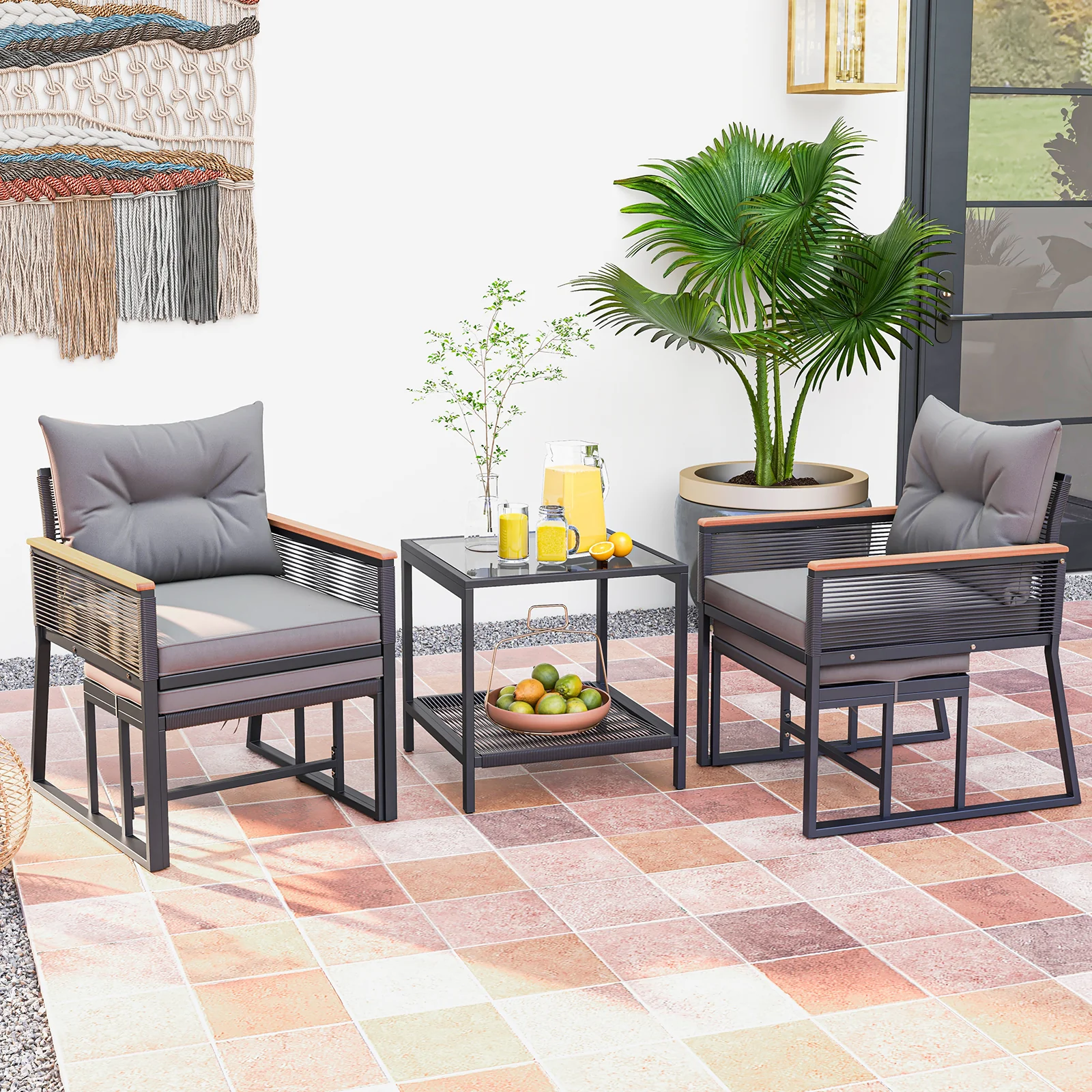 5 Piece Outdoor Rattan Conversation Set, With Side Table And Ottomans, Gray - Image 3