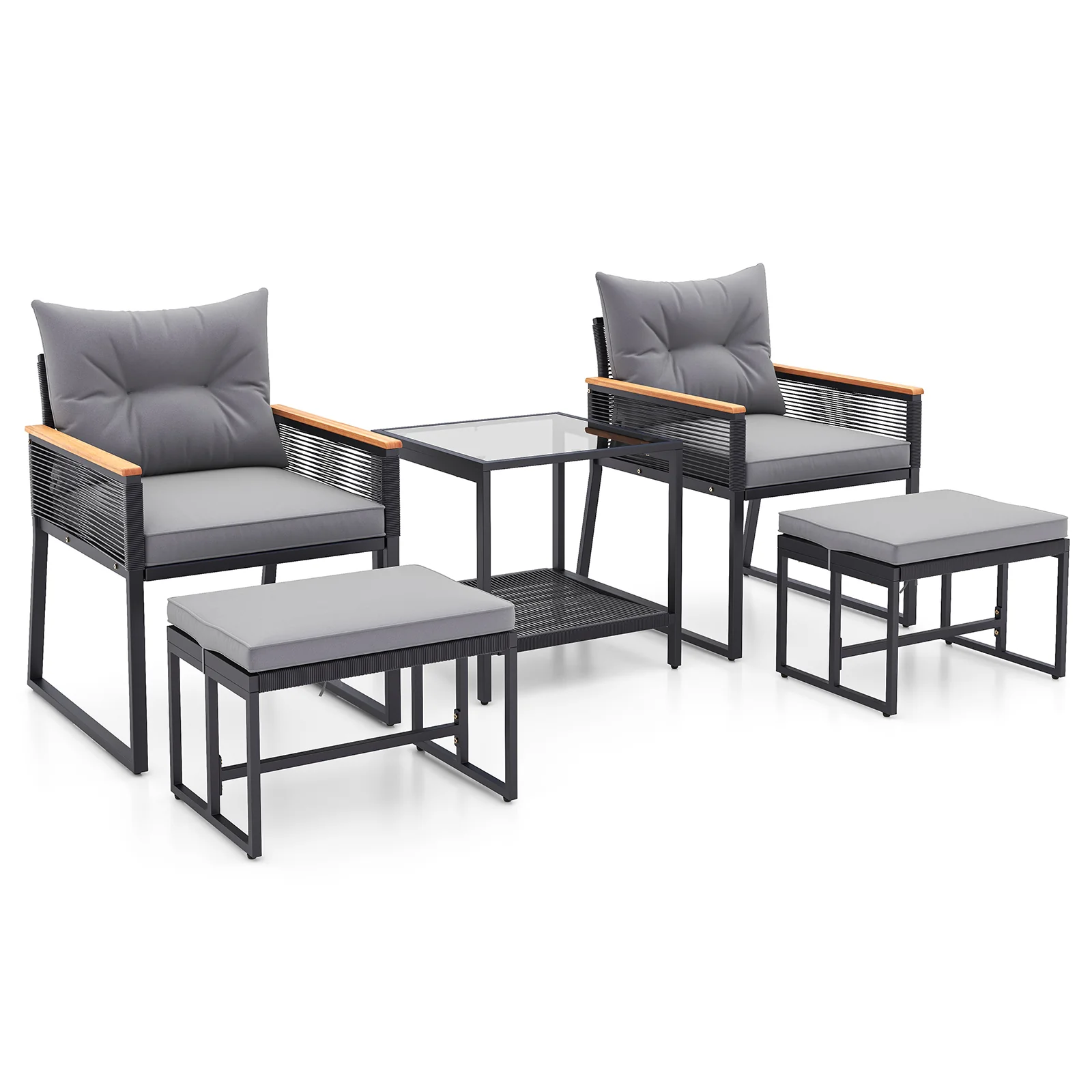 5 Piece Outdoor Rattan Conversation Set, With Side Table And Ottomans, Gray - Image 4