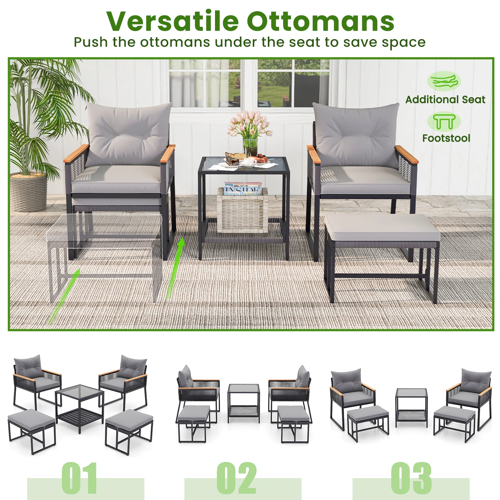 5 Piece Outdoor Rattan Conversation Set, With Side Table And Ottomans, Gray - Image 9