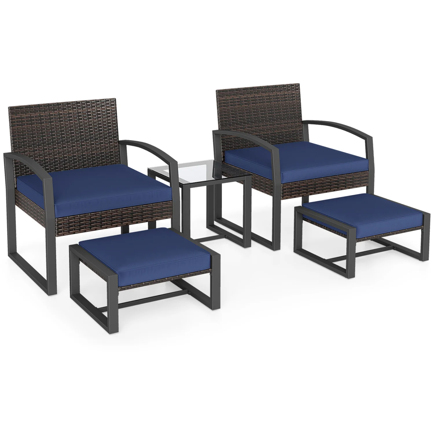 5-Piece Patio Conversation Set, 2 Ottomans, Tempered Glass Side Table, Navy