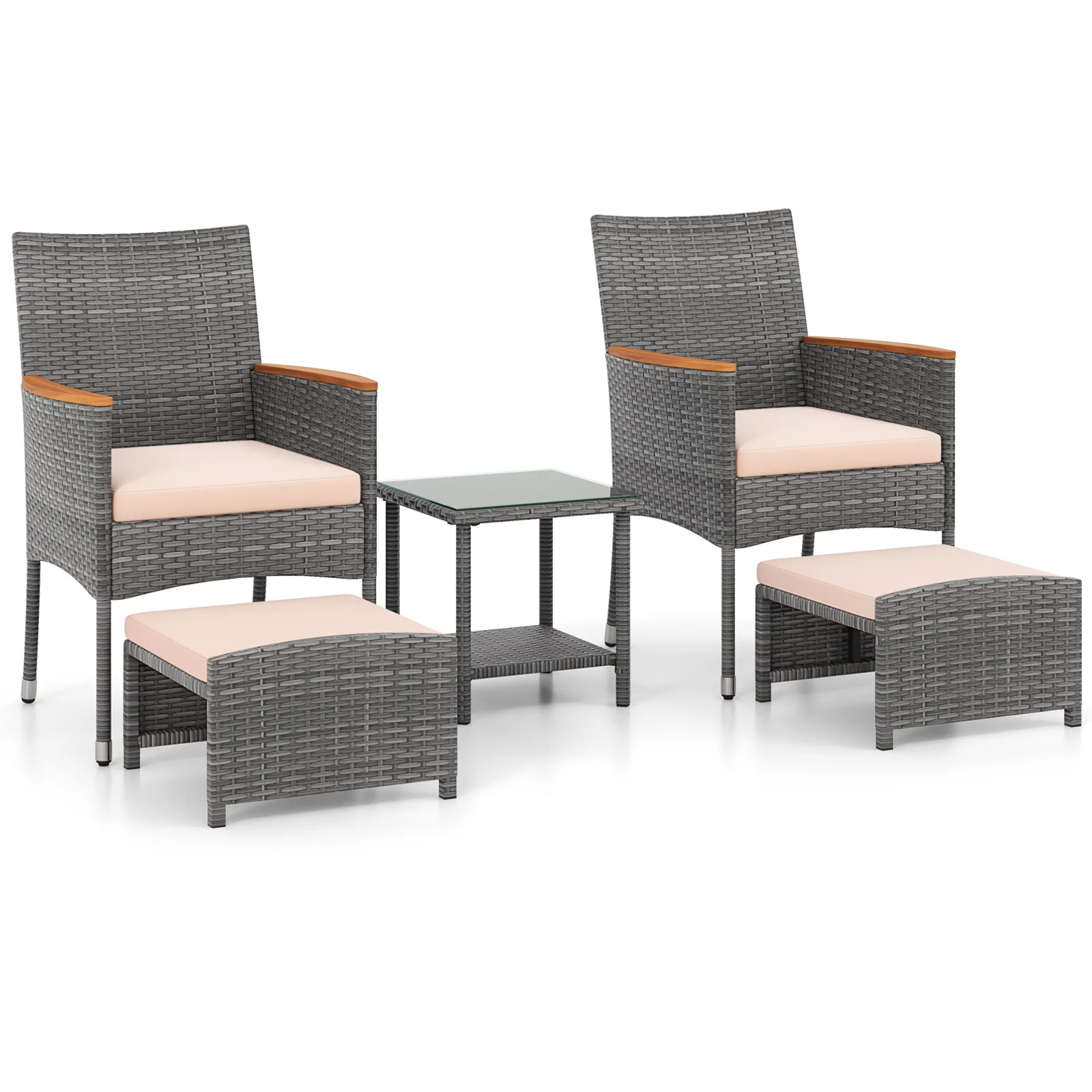 5 Piece Patio Conversation Set, Soft Cushions, Ottomans, Beige