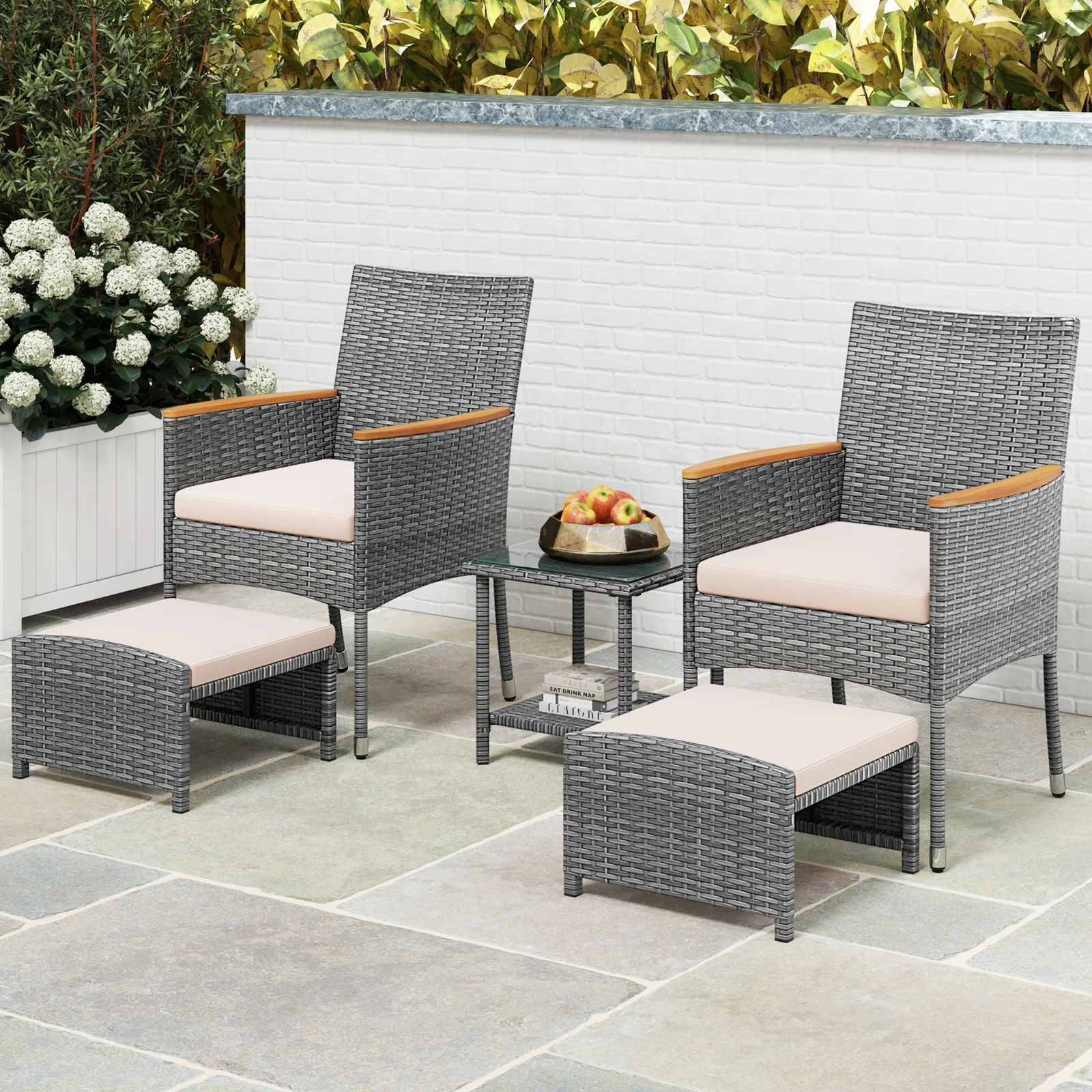 5 Piece Patio Conversation Set, Soft Cushions, Ottomans, Beige - Image 2