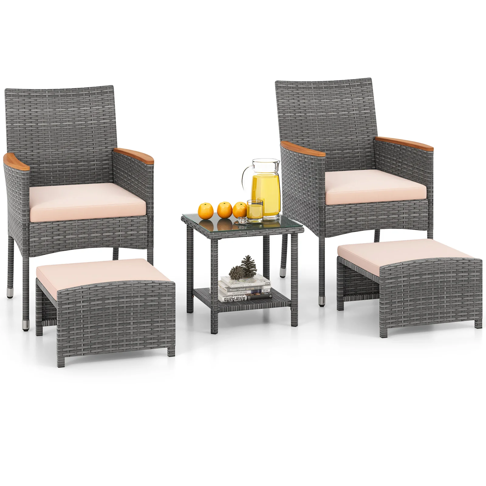 5 Piece Patio Conversation Set, Soft Cushions, Ottomans, Beige - Image 3