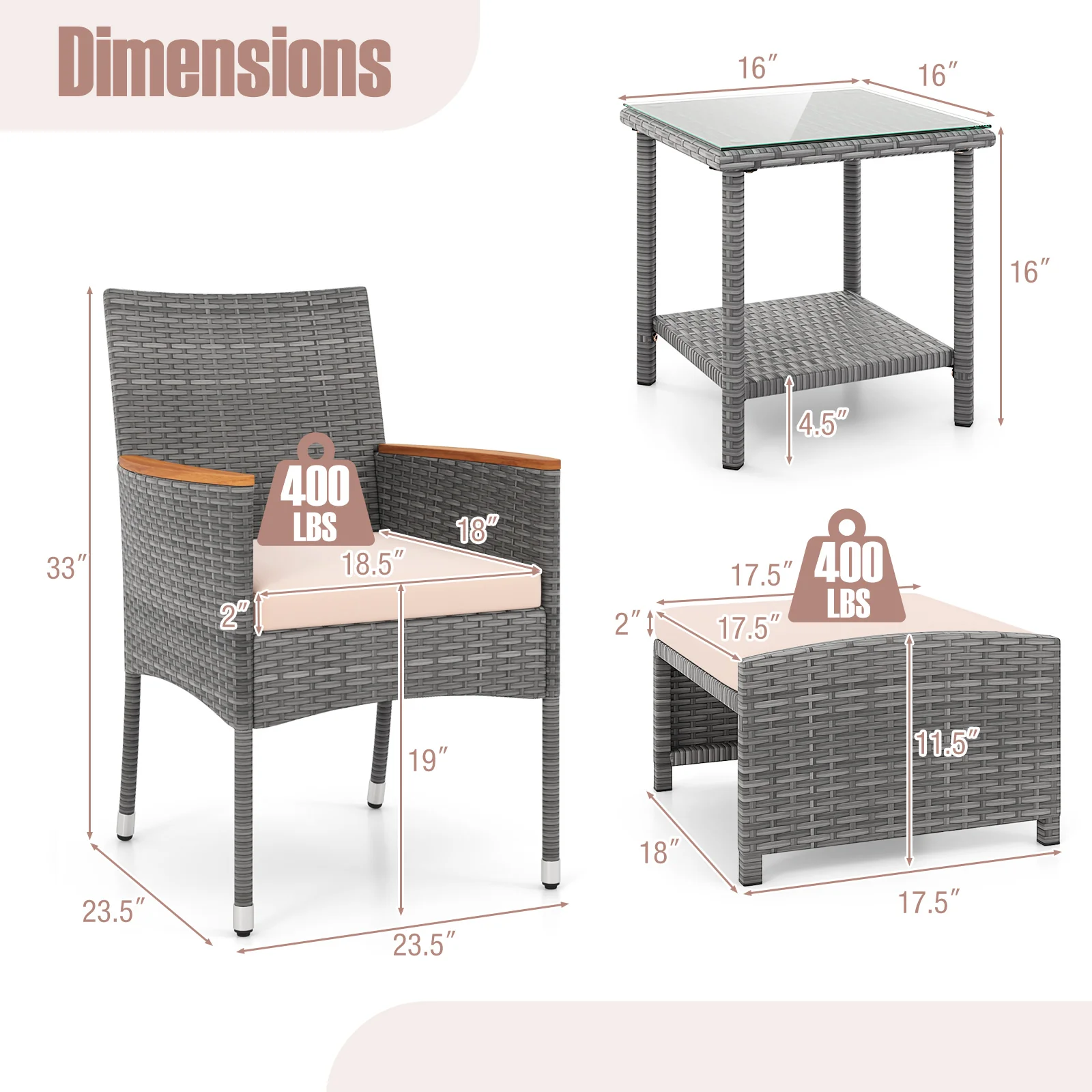 5 Piece Patio Conversation Set, Soft Cushions, Ottomans, Beige - Image 5