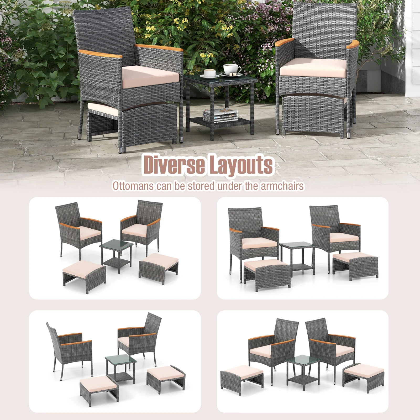 5 Piece Patio Conversation Set, Soft Cushions, Ottomans, Beige - Image 6