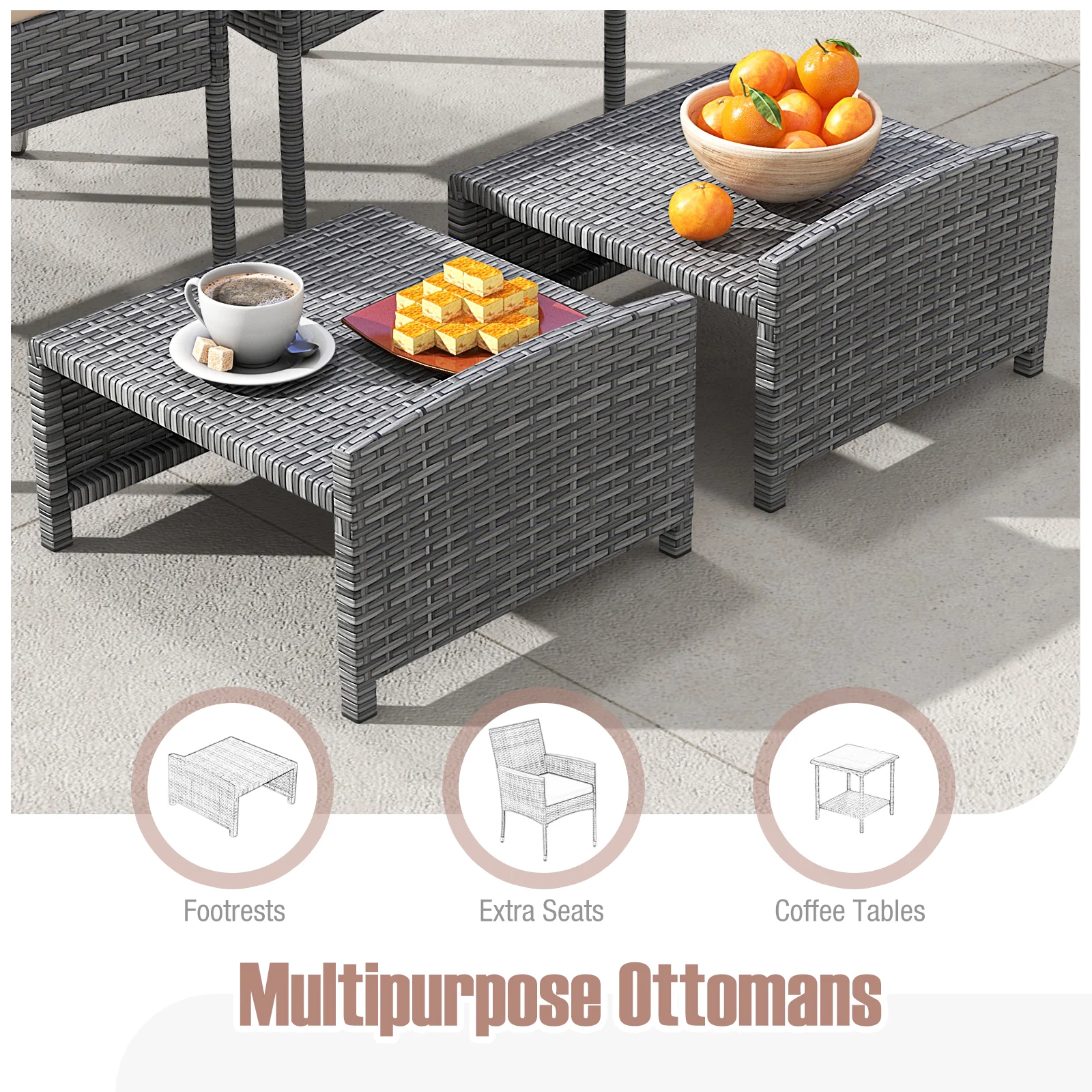 5 Piece Patio Conversation Set, Soft Cushions, Ottomans, Beige - Image 7