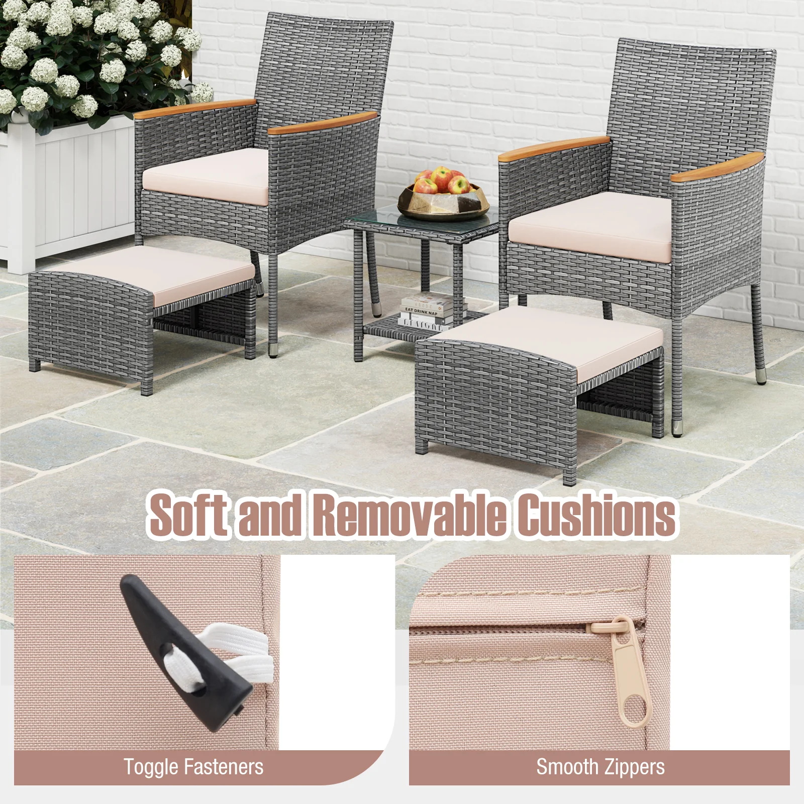 5 Piece Patio Conversation Set, Soft Cushions, Ottomans, Beige - Image 8
