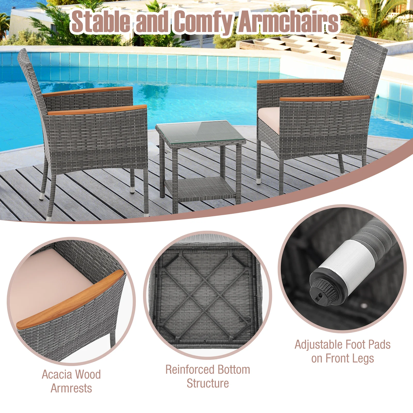 5 Piece Patio Conversation Set, Soft Cushions, Ottomans, Beige - Image 9