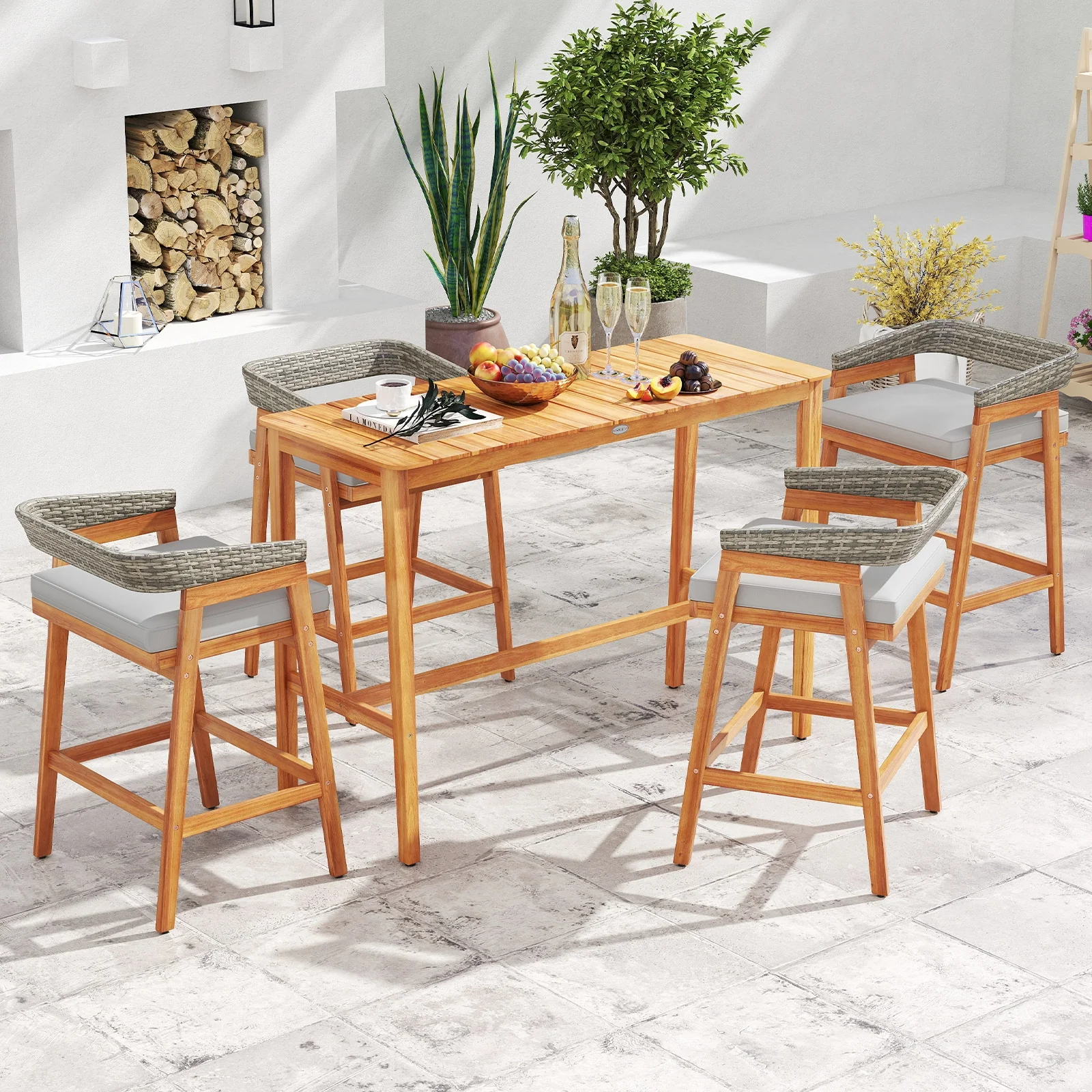 5 Piece Patio Counter Height Bar Set, 4 Cushioned Barstools - Image 3