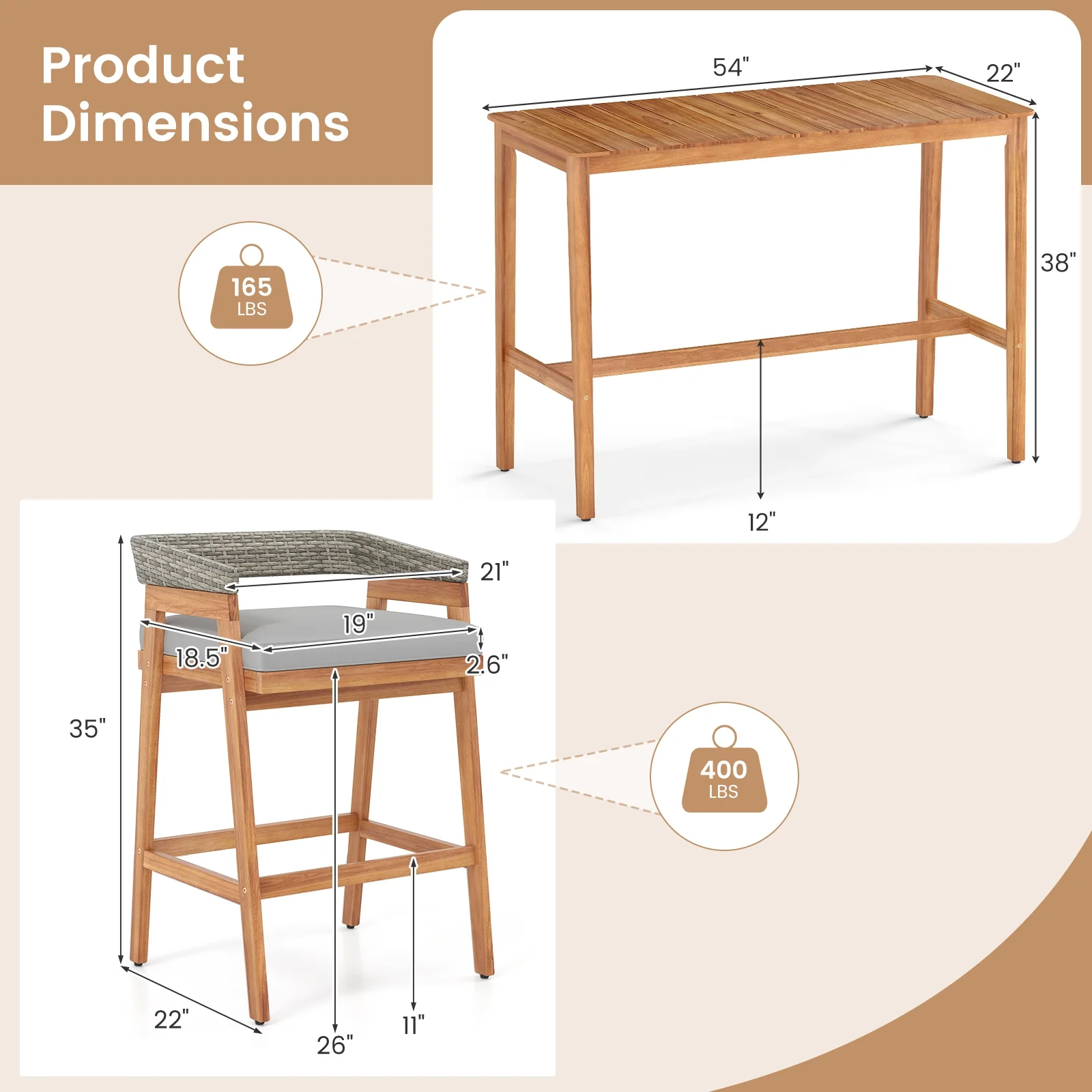 5 Piece Patio Counter Height Bar Set, 4 Cushioned Barstools - Image 6