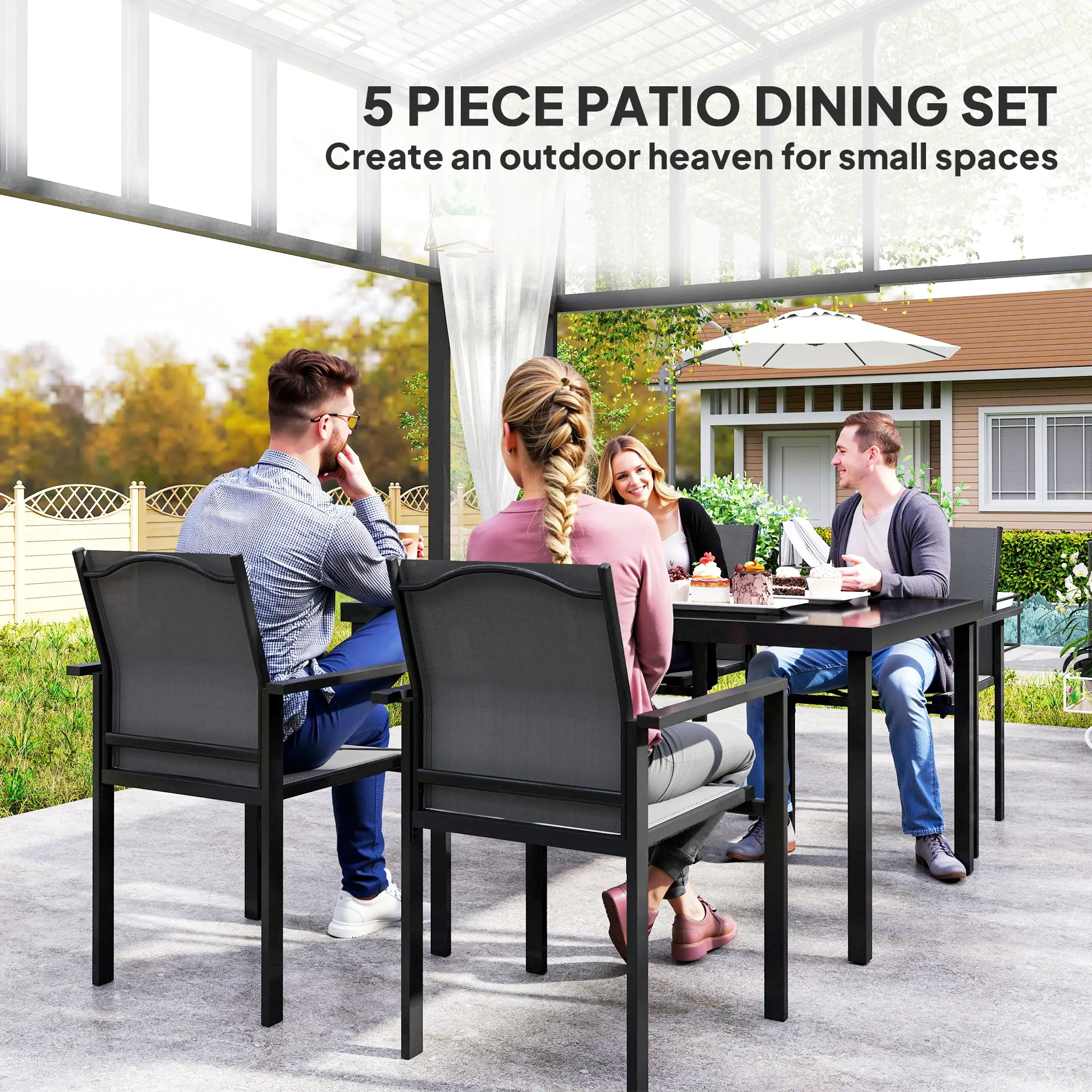 5 Piece Patio Dining Set, 4 Stackable Chairs, Tempered Glass Top - Image 4