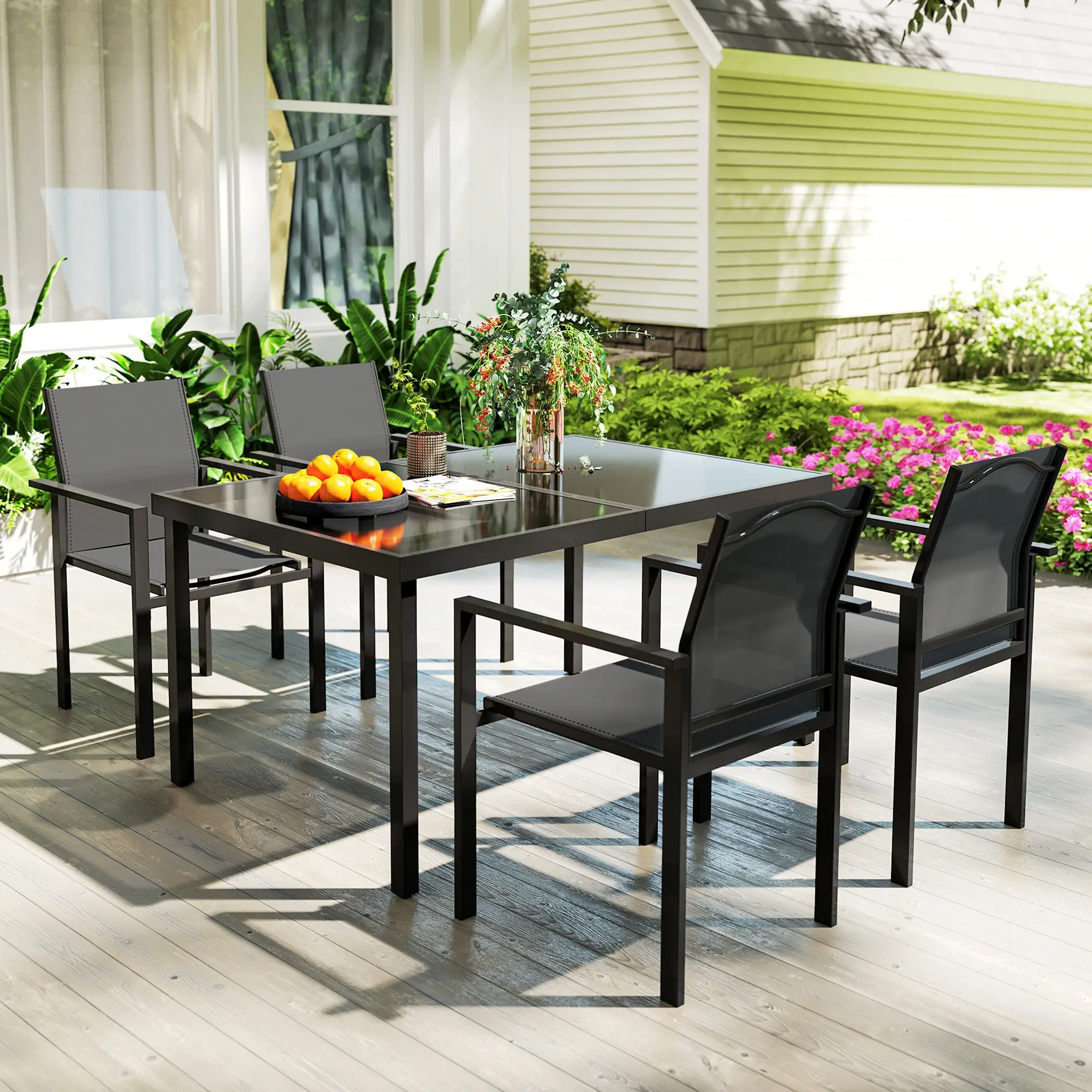5 Piece Patio Dining Set, 4 Stackable Chairs, Tempered Glass Top - Image 8