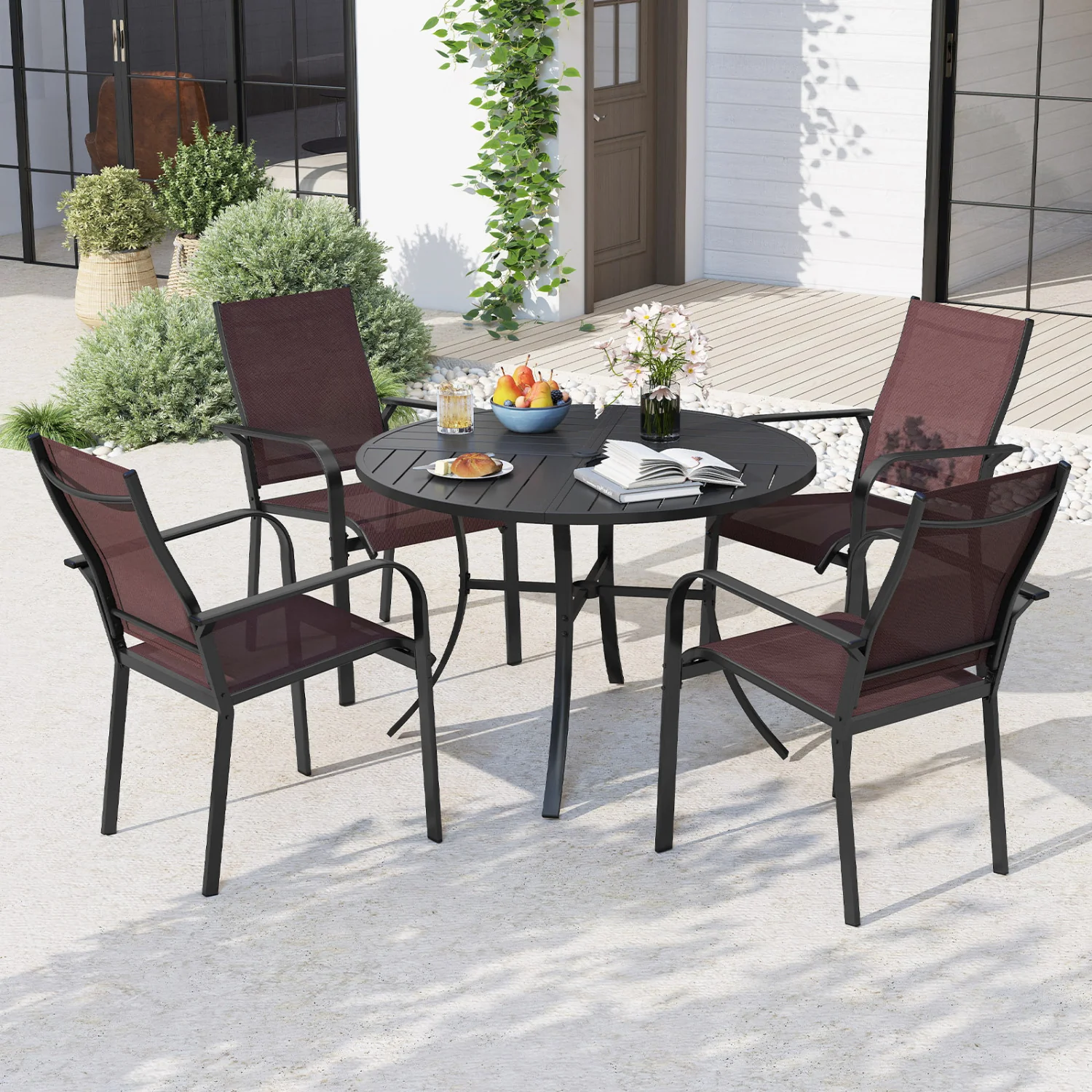 5 Piece Patio Dining Set, 42.5 Inch Round Metal Table, Coffee, Black - Image 2