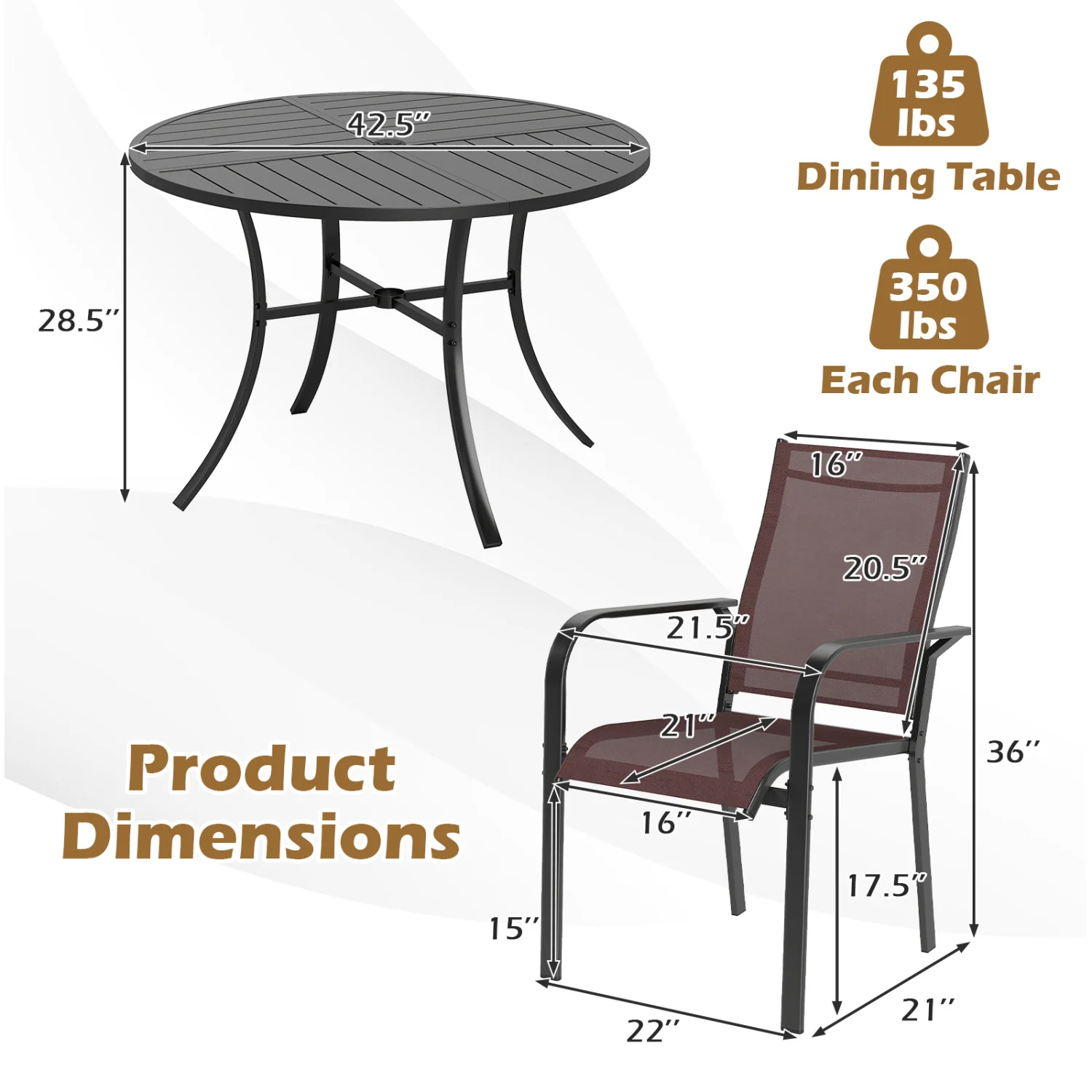 5 Piece Patio Dining Set, 42.5 Inch Round Metal Table, Coffee, Black - Image 3