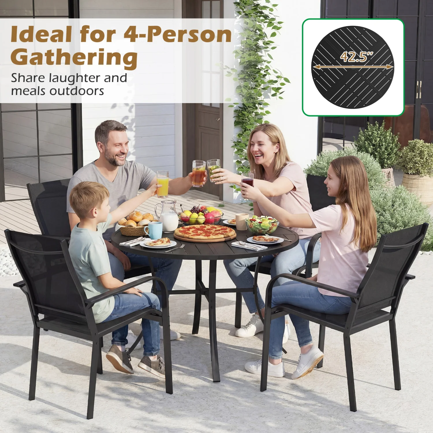 5 Piece Patio Dining Set, 42.5 Inch Round Metal Table, Coffee, Black - Image 8
