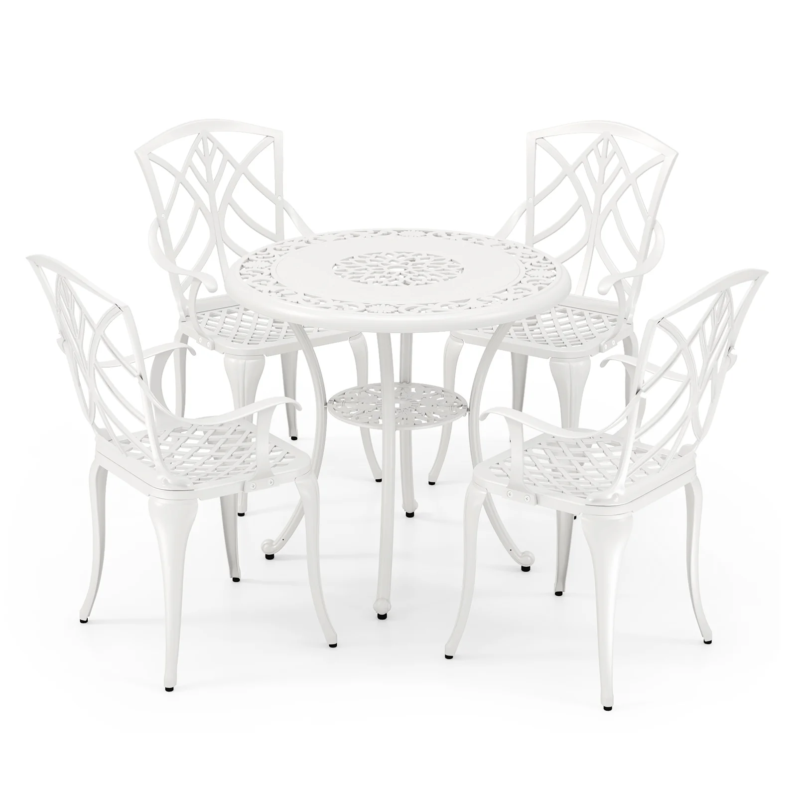 5 Piece Patio Dining Set, Cast Aluminum, With Umbrella Hole, White - Image 4