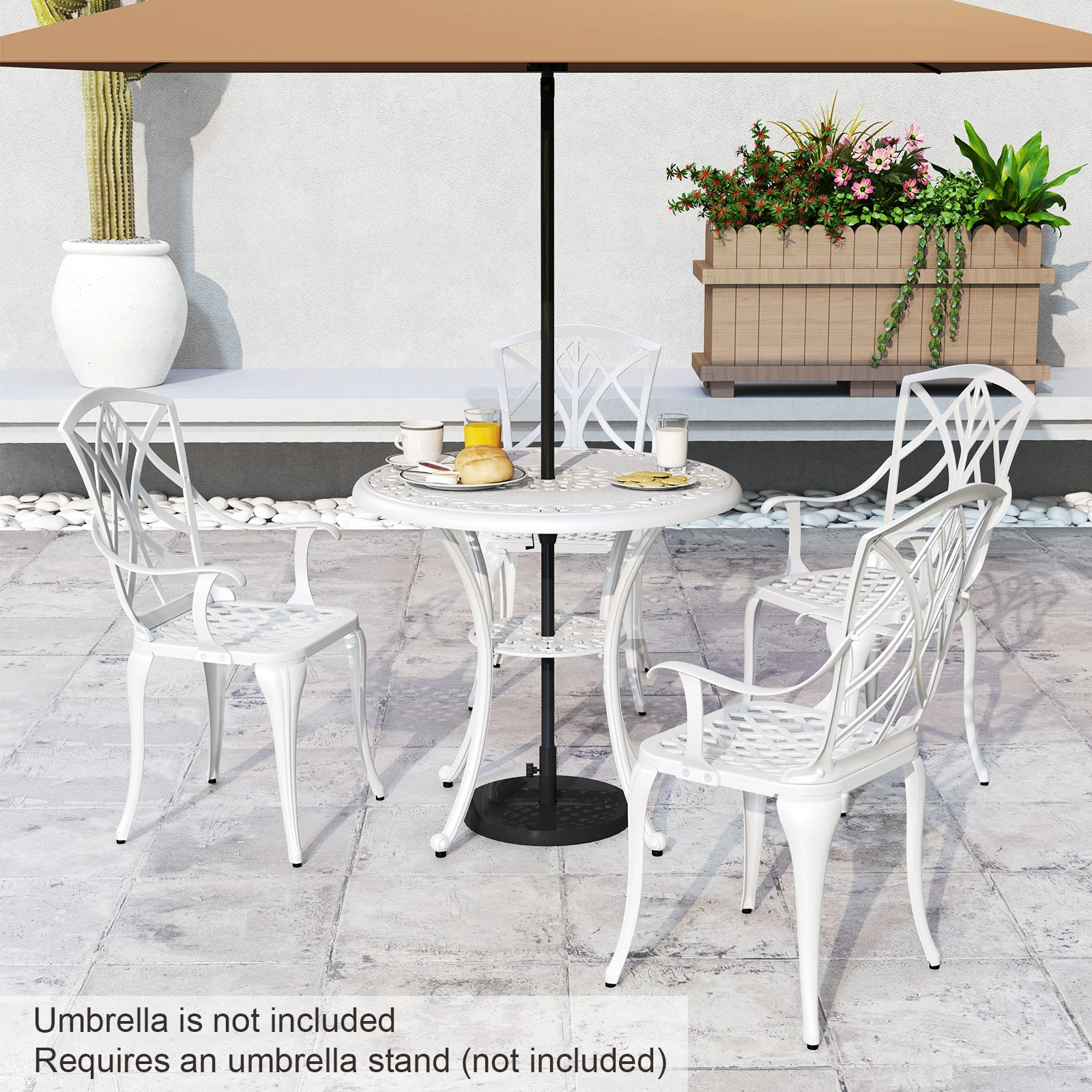 5 Piece Patio Dining Set, Cast Aluminum, With Umbrella Hole, White - Image 7