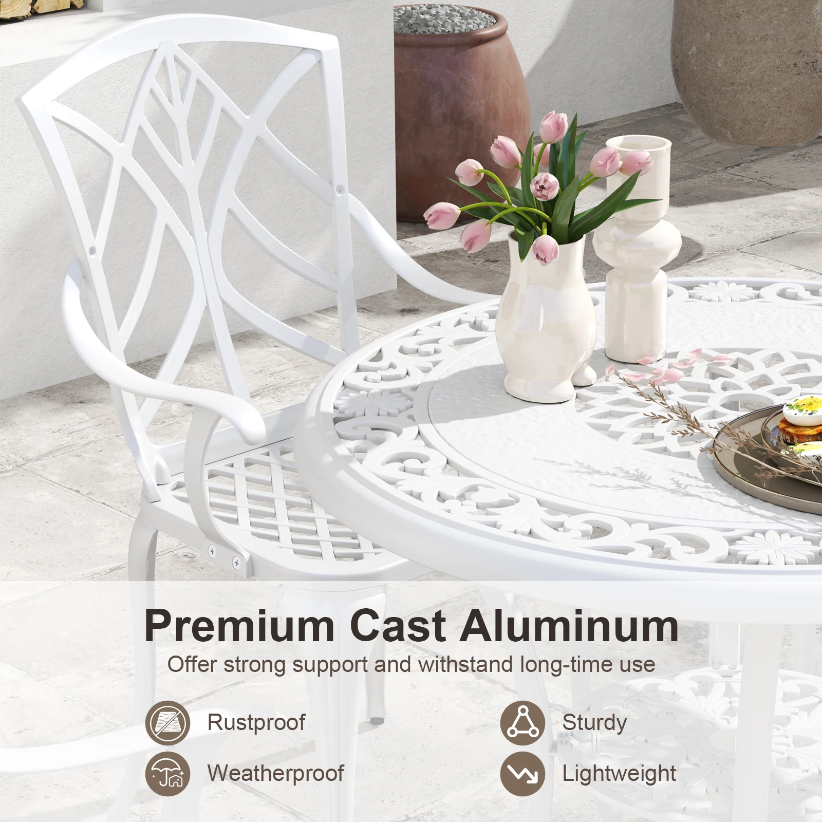 5 Piece Patio Dining Set, Cast Aluminum, With Umbrella Hole, White - Image 8