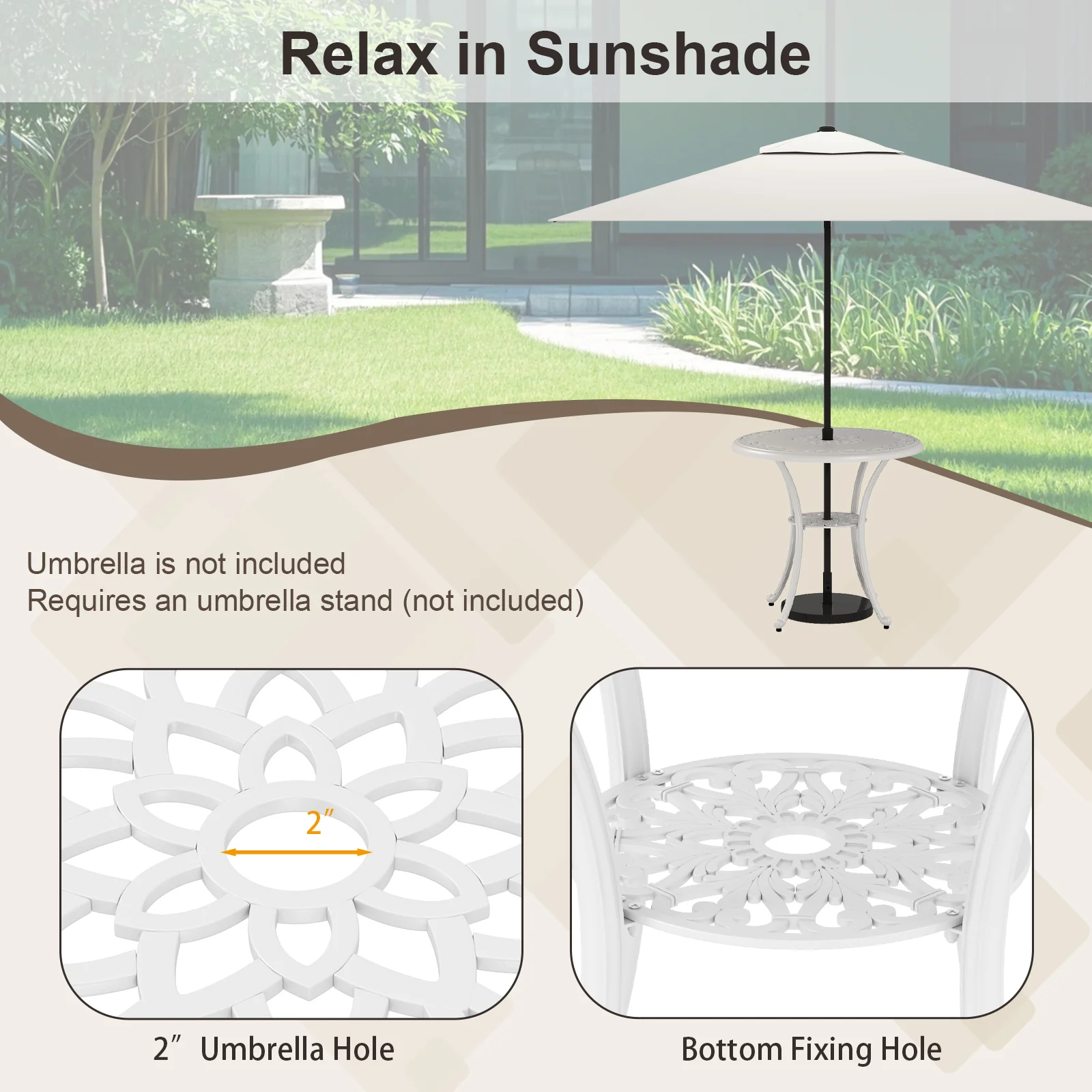 5 Piece Patio Dining Set, Cast Aluminum, With Umbrella Hole, White - Image 9
