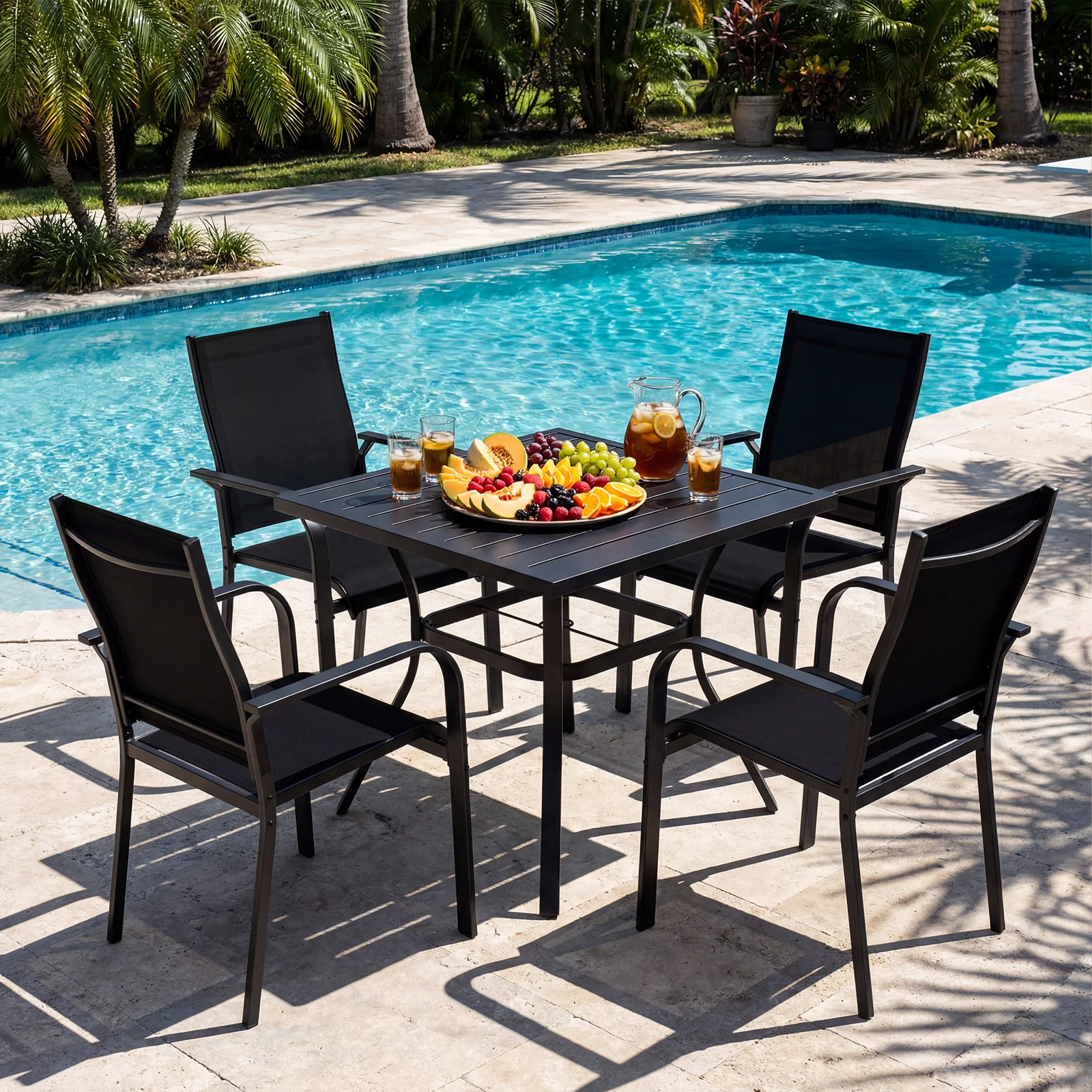 5 Piece Patio Dining Set, Outdoor Square Table, Stackable Chairs, Black - Image 3