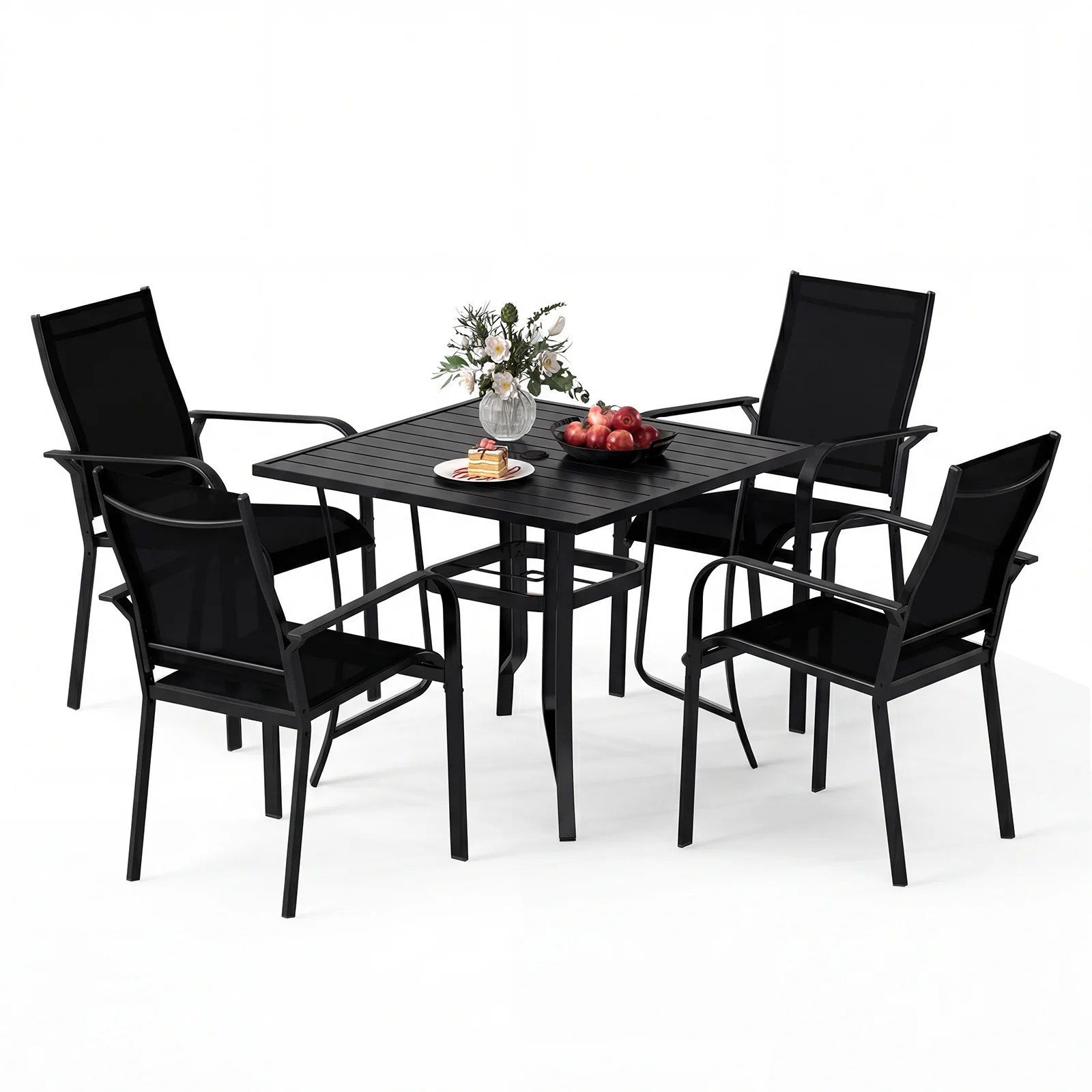 5 Piece Patio Dining Set, Outdoor Square Table, Stackable Chairs, Black - Image 4