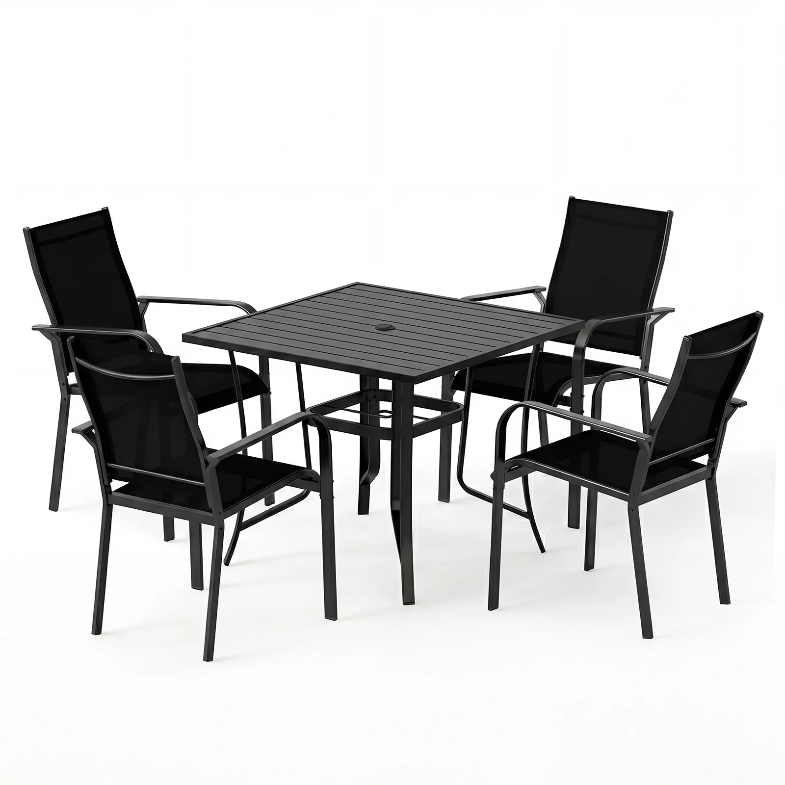5 Piece Patio Dining Set, Outdoor Square Table, Stackable Chairs, Black - Image 5
