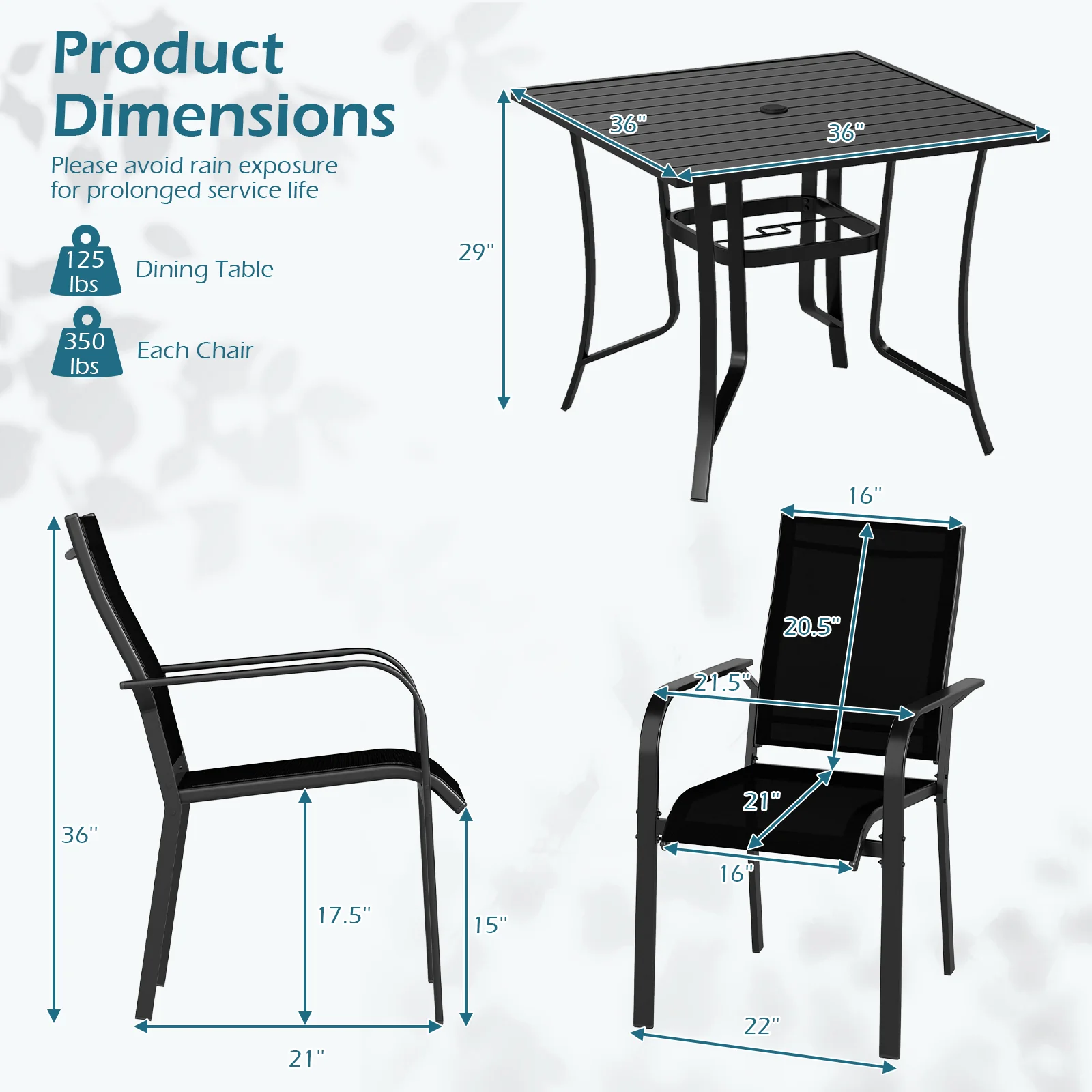 5 Piece Patio Dining Set, Outdoor Square Table, Stackable Chairs, Black - Image 6