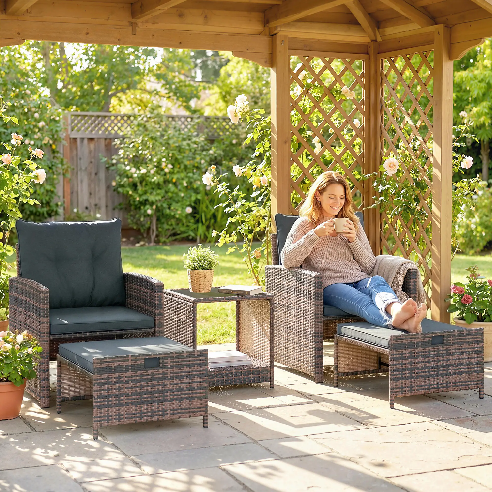 5 Piece Patio Furniture Set, Wicker Chairs, 2-Tier Glass Table, Brown/Dark Grey - Image 2